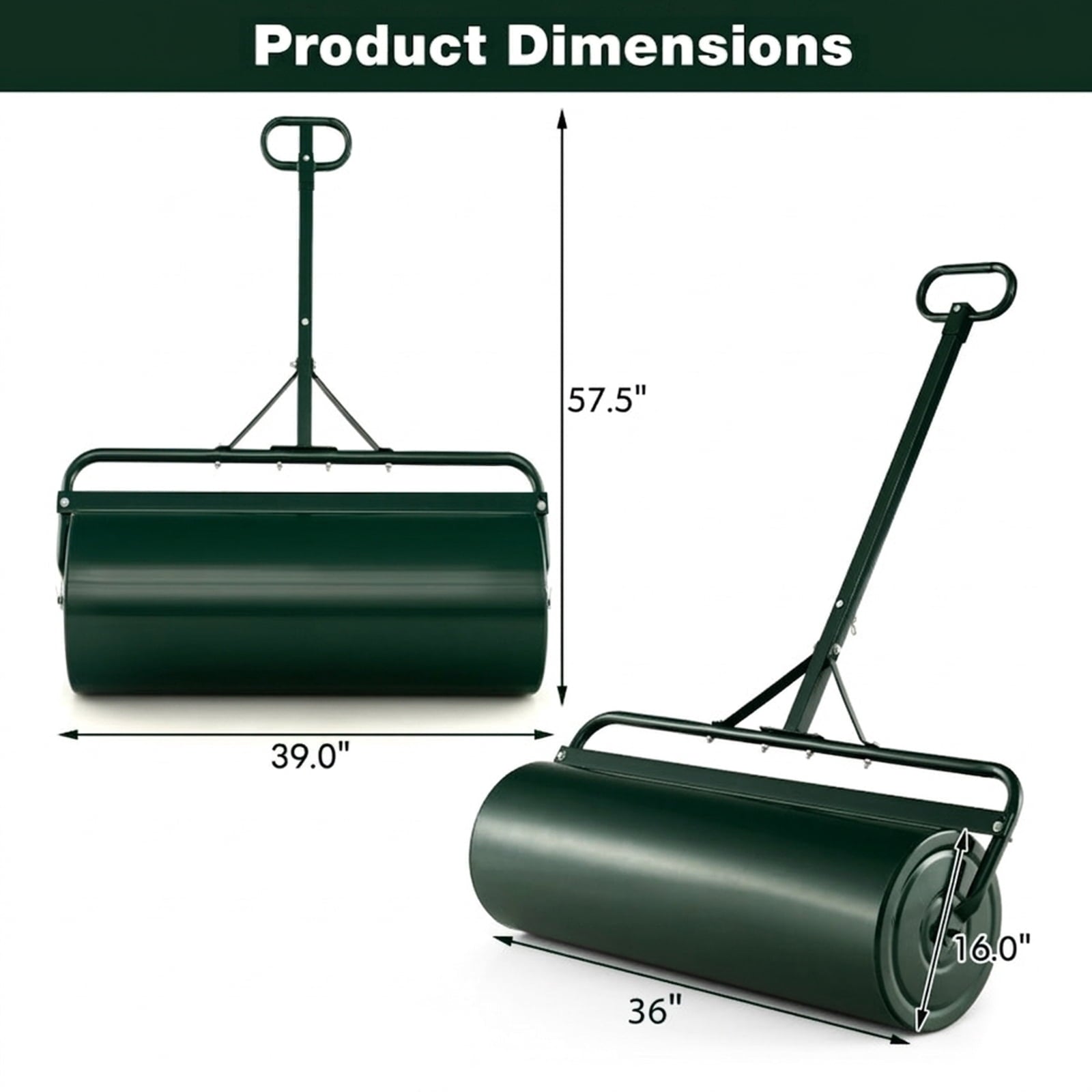 Biotree 39 Inch Wide Push/Tow Lawn Roller for Lawn Garden Yard Soil Care, Green