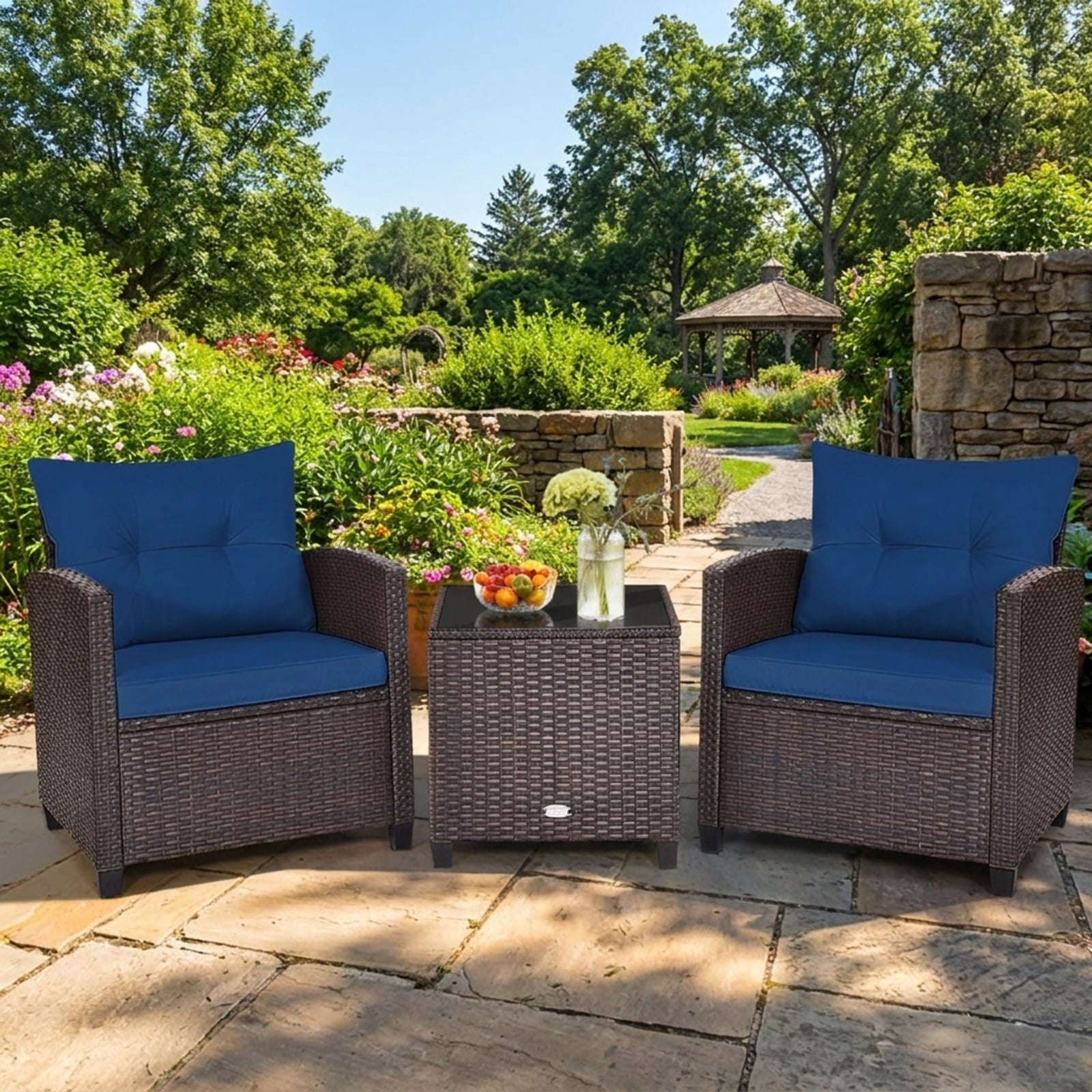 Biotree 3 Pcs Patio Rattan Furniture Set Cushioned Conversation Set Coffee Table Outdoor Conversation Set for Garden Backyard PorchNavy