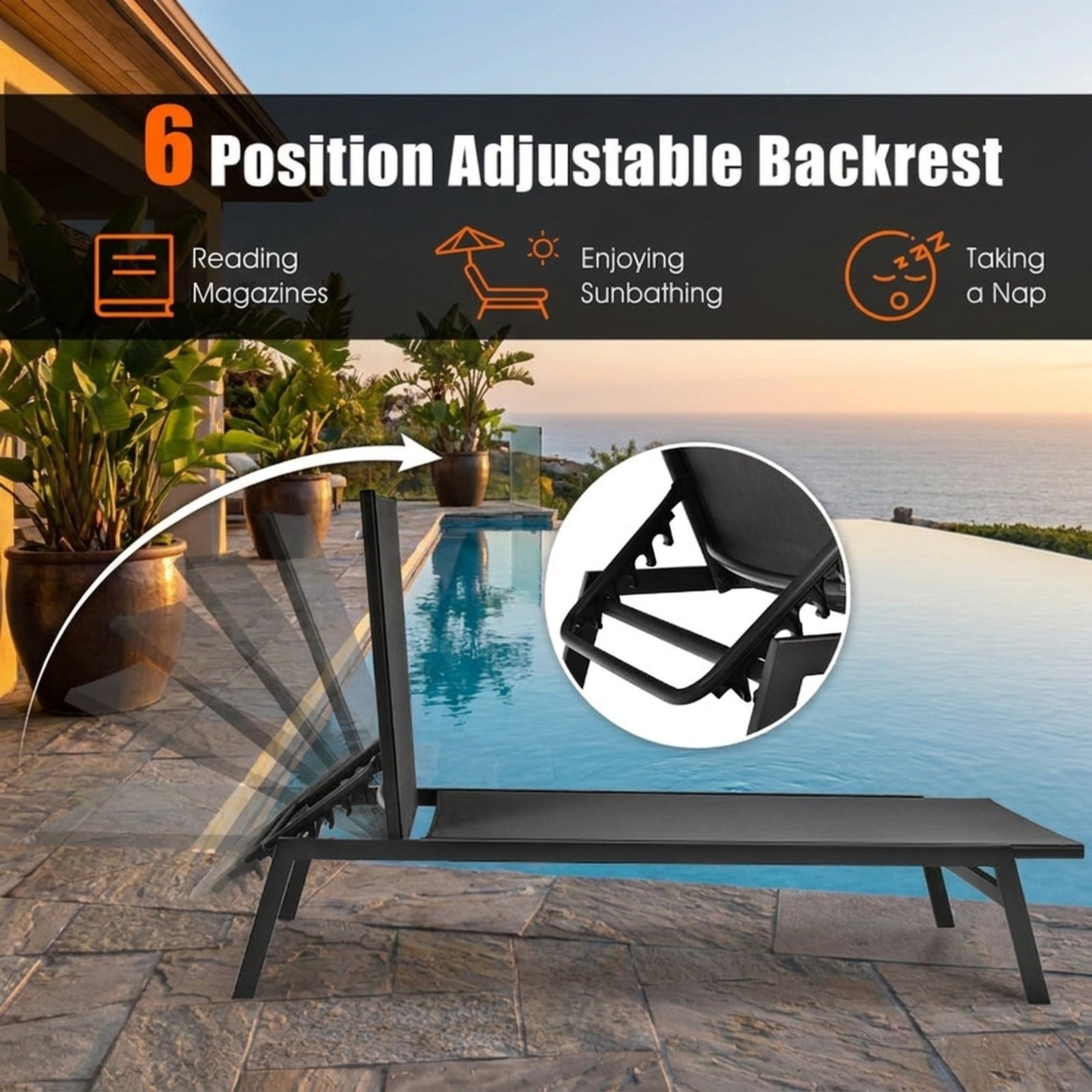 Biotree Outdoor Reclining Chaise Lounge Chair with 6-Position Adjustable Back Stackable Patio Chair for Garden BackyardBlack