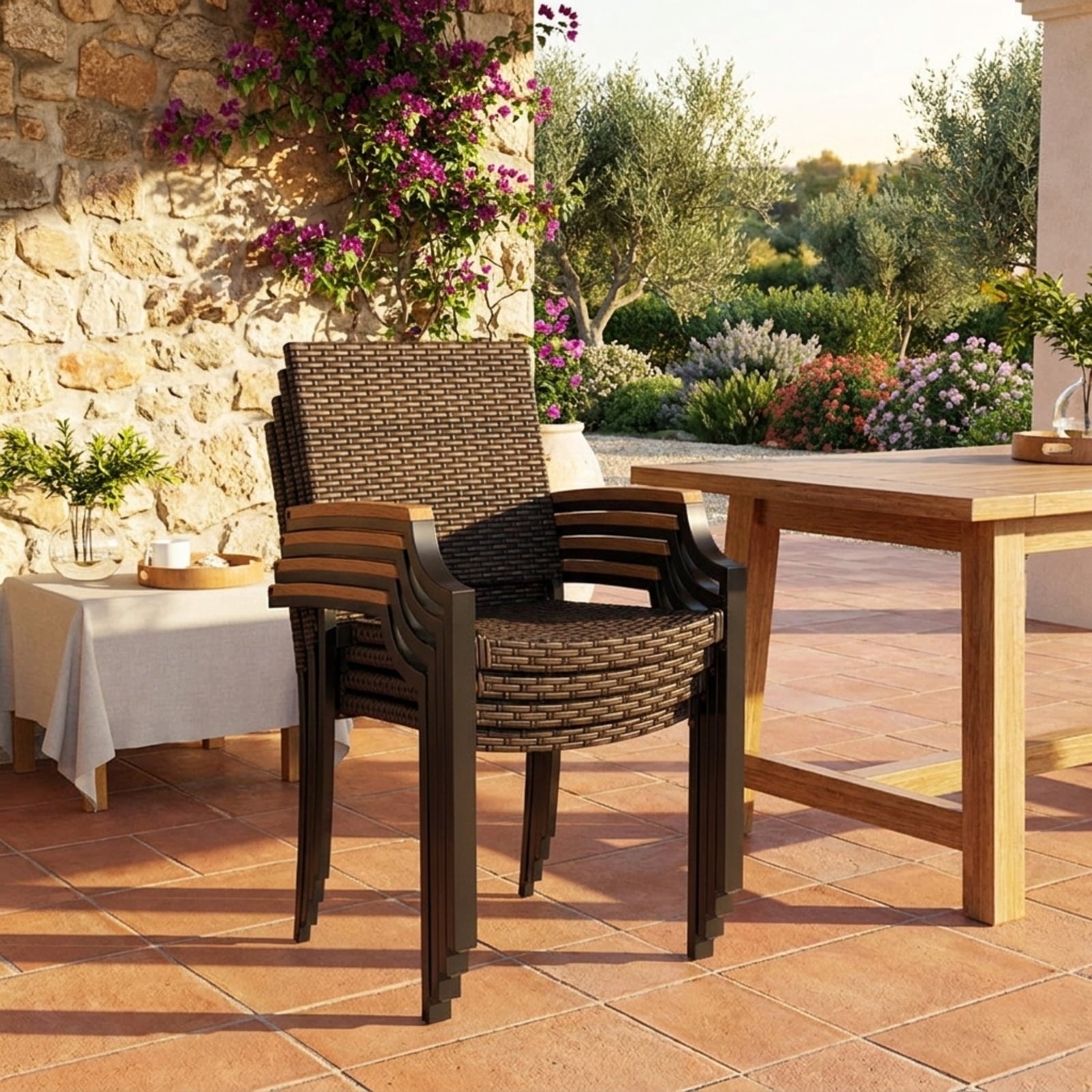 Biotree Stacking Wicker Chairs Set of 2 Patio Rattan Dining Chairs with Acacia Wood ArmrestsMix Brown