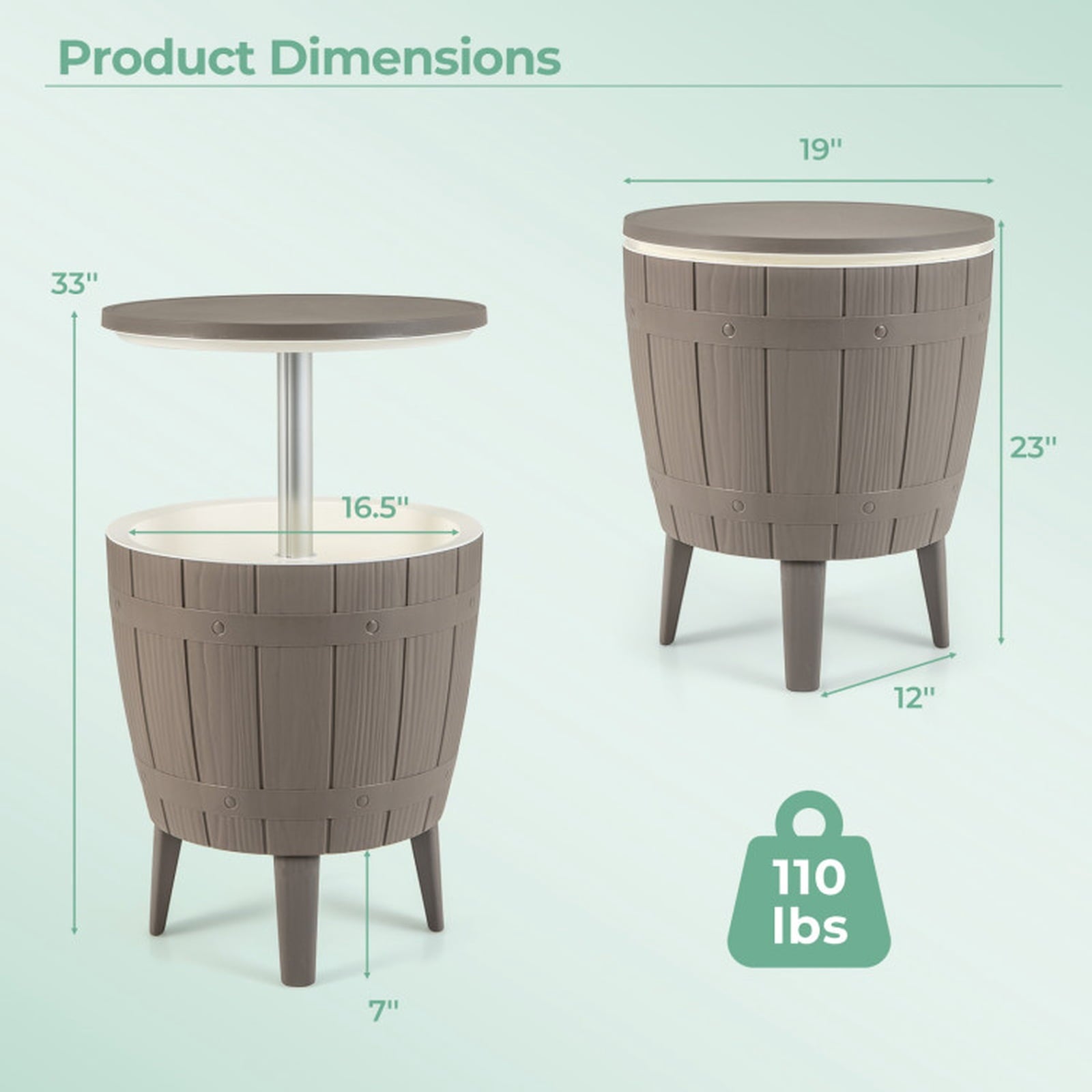Biotree 10 Gallon Cooler Bar Table Outdoor Coffee Table Ice Bucket with Telescopic Tabletop for Beer and Wine, Brown