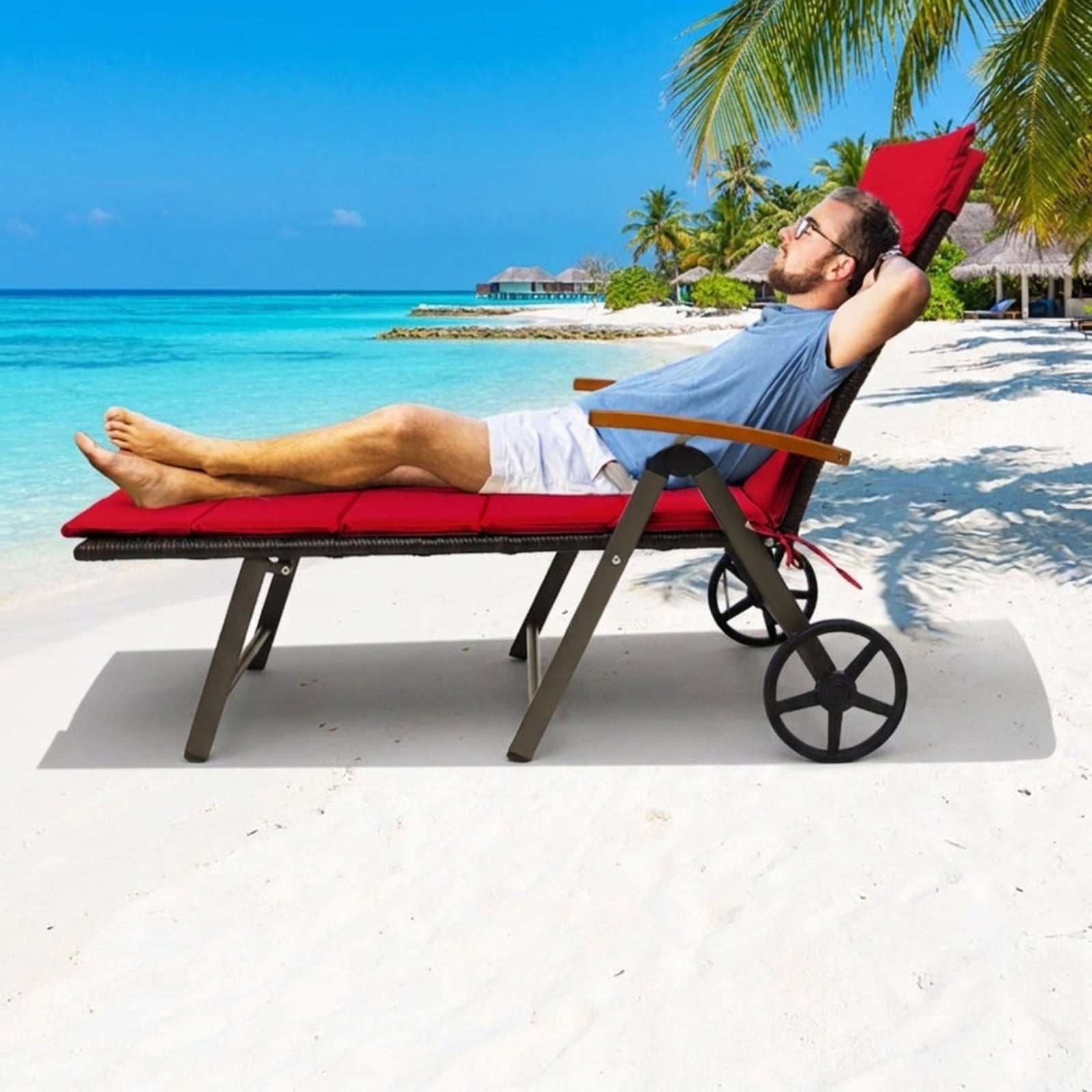 Biotree Outdoor Chaise Lounge Chair Rattan Lounger Recliner Chair Stackable Patio Chair for Garden BackyardRed