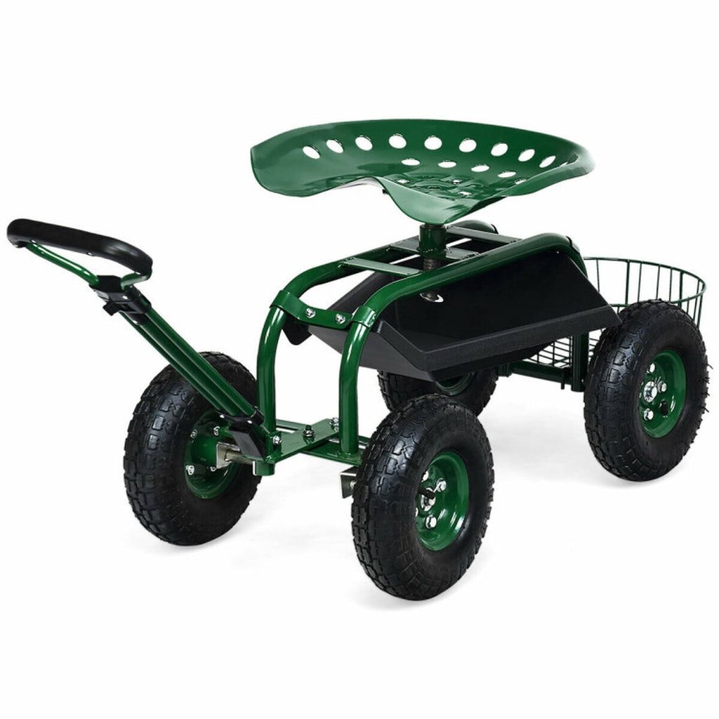 Biotree Rolling Garden Cart with 360¡ã Swivel Seat, Height Adjustable Garden Scooter, Heavy Duty Yard Cart with Tool Tray and Storage Basket for Gardening Weeding Yard Work Green