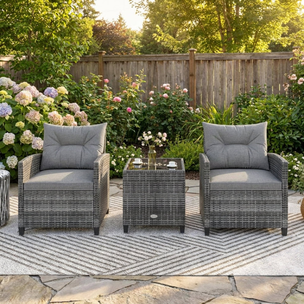 Biotree 3 Pieces Outdoor Wicker Conversation Set with Tempered Glass Tabletop Outdoor Conversation Set for Garden Backyard PorchGray