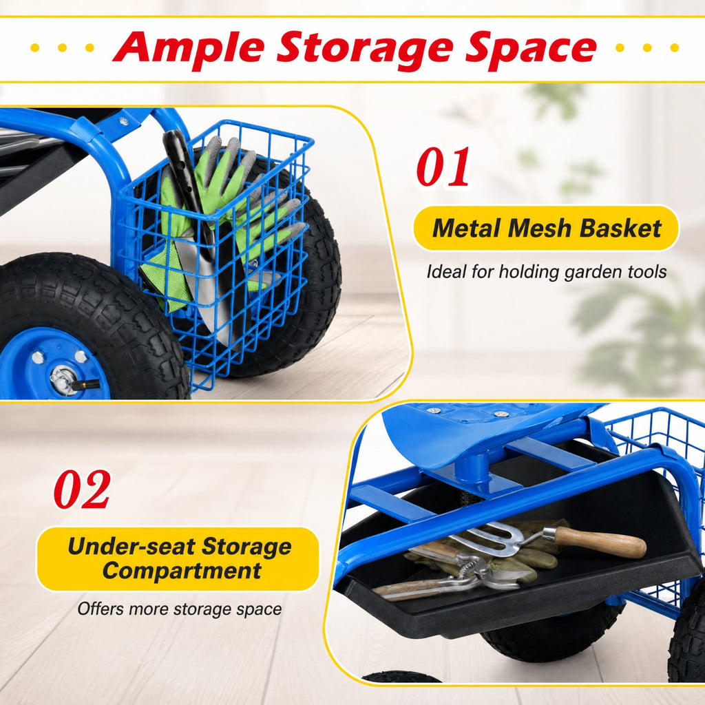 Biotree Rolling Garden Cart with Seat, 360¡ãSwivel Seat Adjustable Height,330lbs Load Capacity, Wagon Scooter with Storage Bracket and Tool Tray, Suitable for Patio Yard, Blue