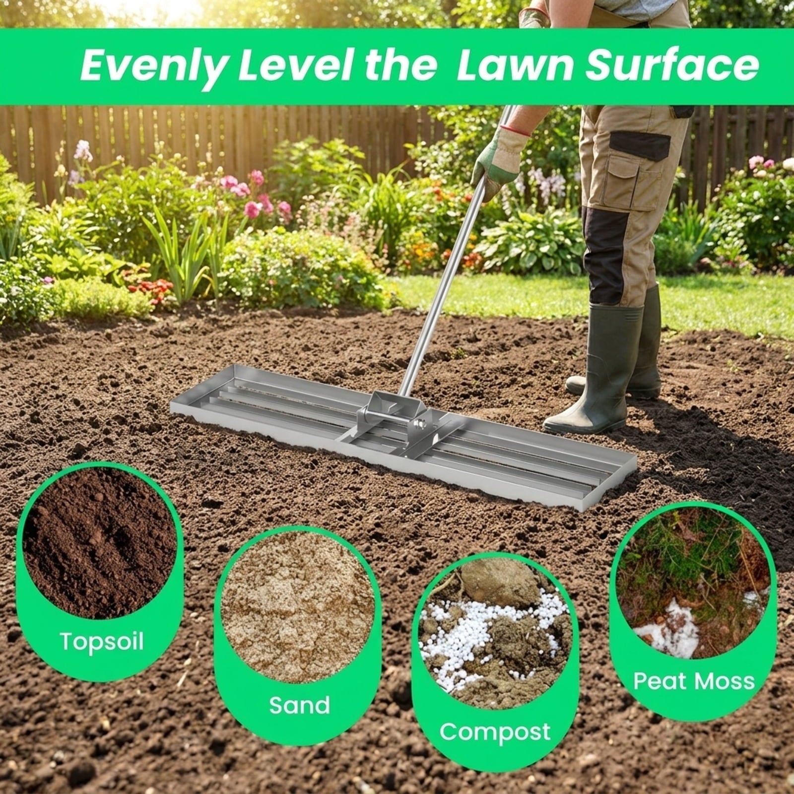 Biotree 42 x 10 Inch Lawn Leveling Rake with Ergonomic Handle for Lawn Garden Yard Soil Care, Silver