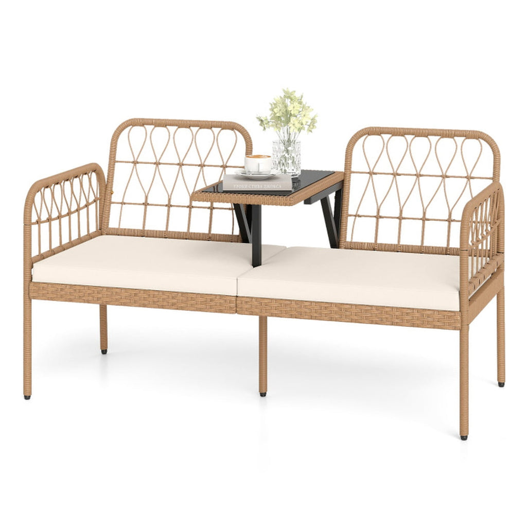 Biotree 2-Seat PE Rattan Outdoor Loveseat with Built-in Coffee Table and Soft Cushions Stackable Patio Chair for Garden BackyardWhite