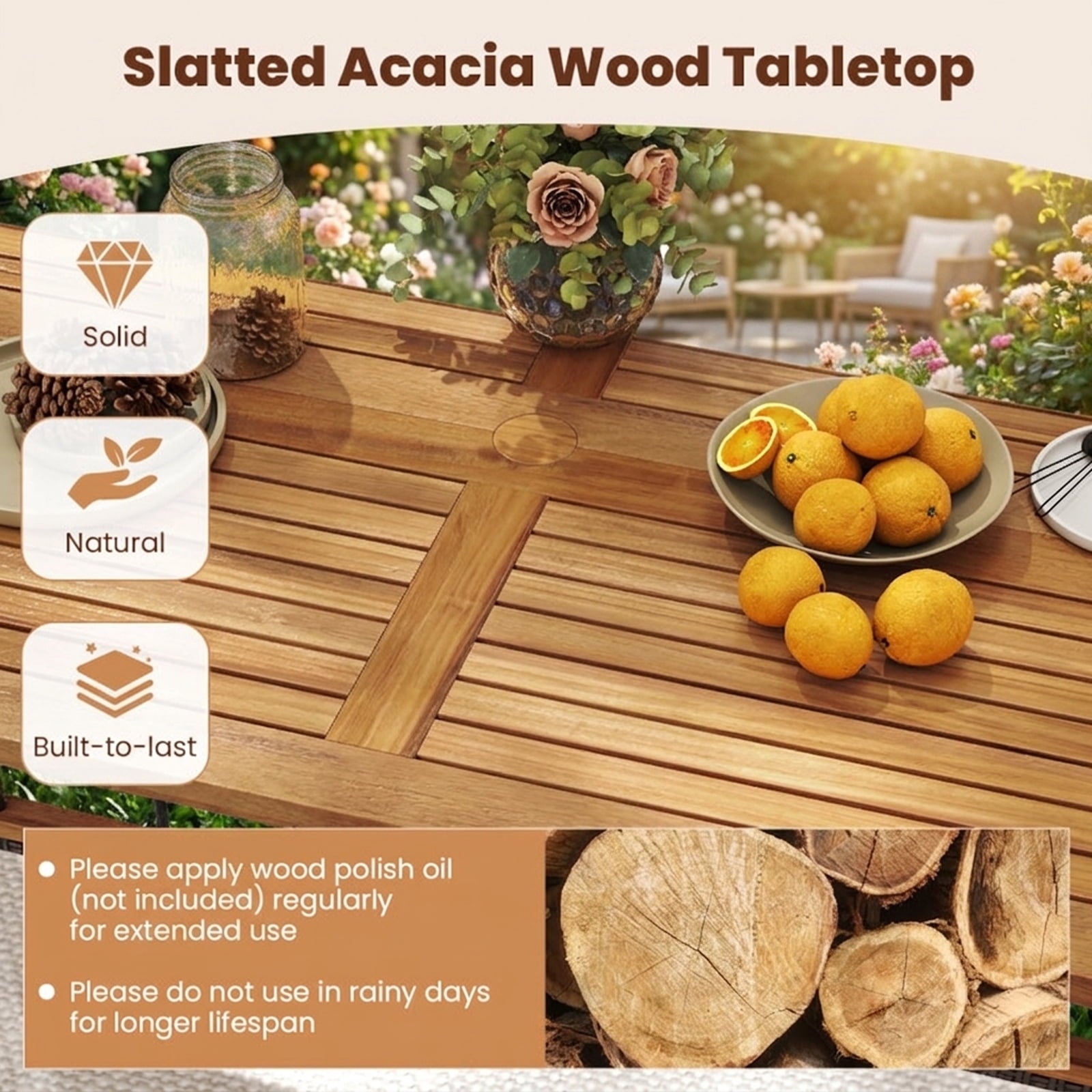 Biotree 63" Outdoor Dining Table with Acacia Wood Slatted Tabletop, Black
