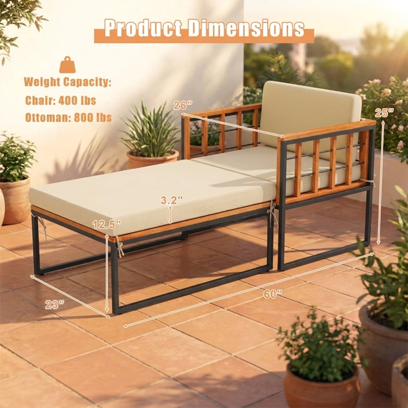 Biotree Patio Acacia Wood Armchair with Long Ottoman and Seat Back Cushions Stackable Patio Chair for Garden BackyardBrown