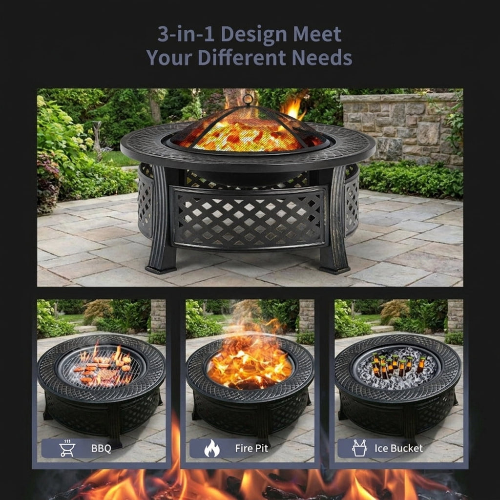 Biotree Outdoor Fire Pit with BBQ Grill and High for Outdoor Patio Backyard Garden Camping, Black
