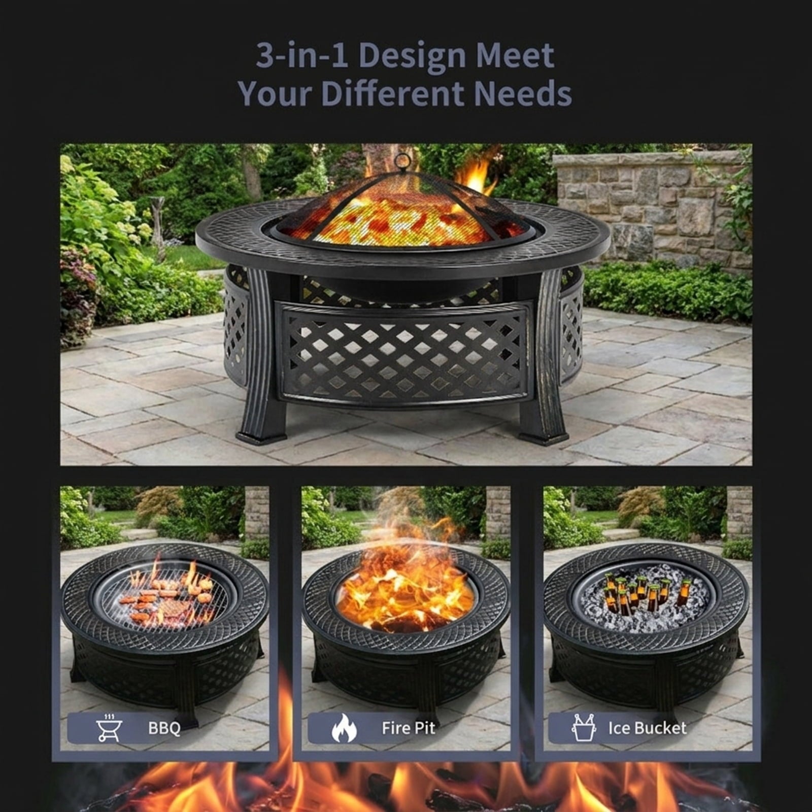 Biotree Outdoor Fire Pit with BBQ Grill and High for Outdoor Patio Backyard Garden Camping, Black