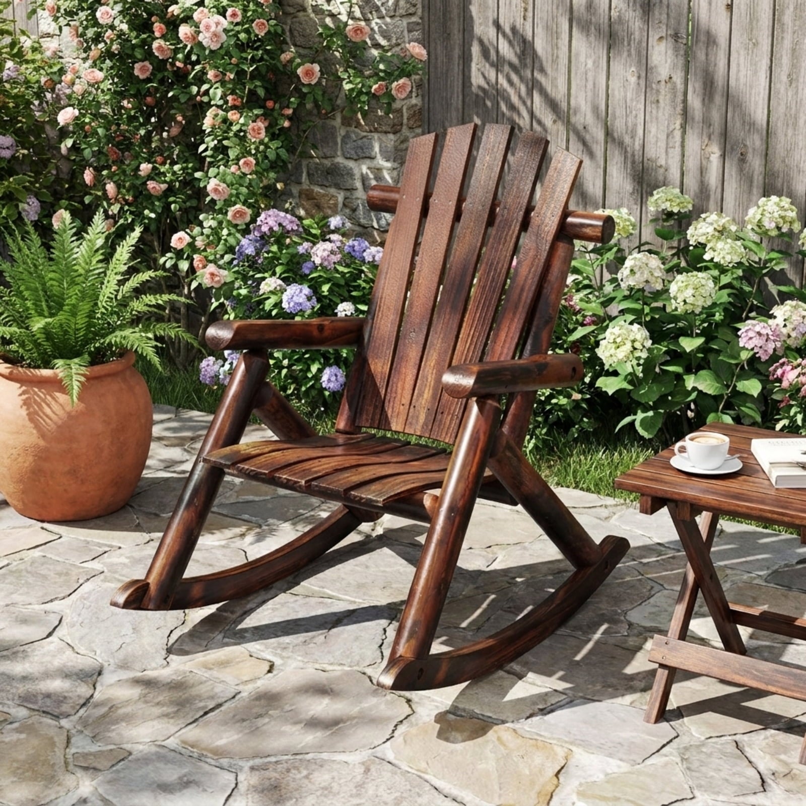 Biotree Outdoor Adirondack Rocking Chair for Adults Solid Wood Porch Rocker Stackable Patio Chair for Garden BackyardBrown