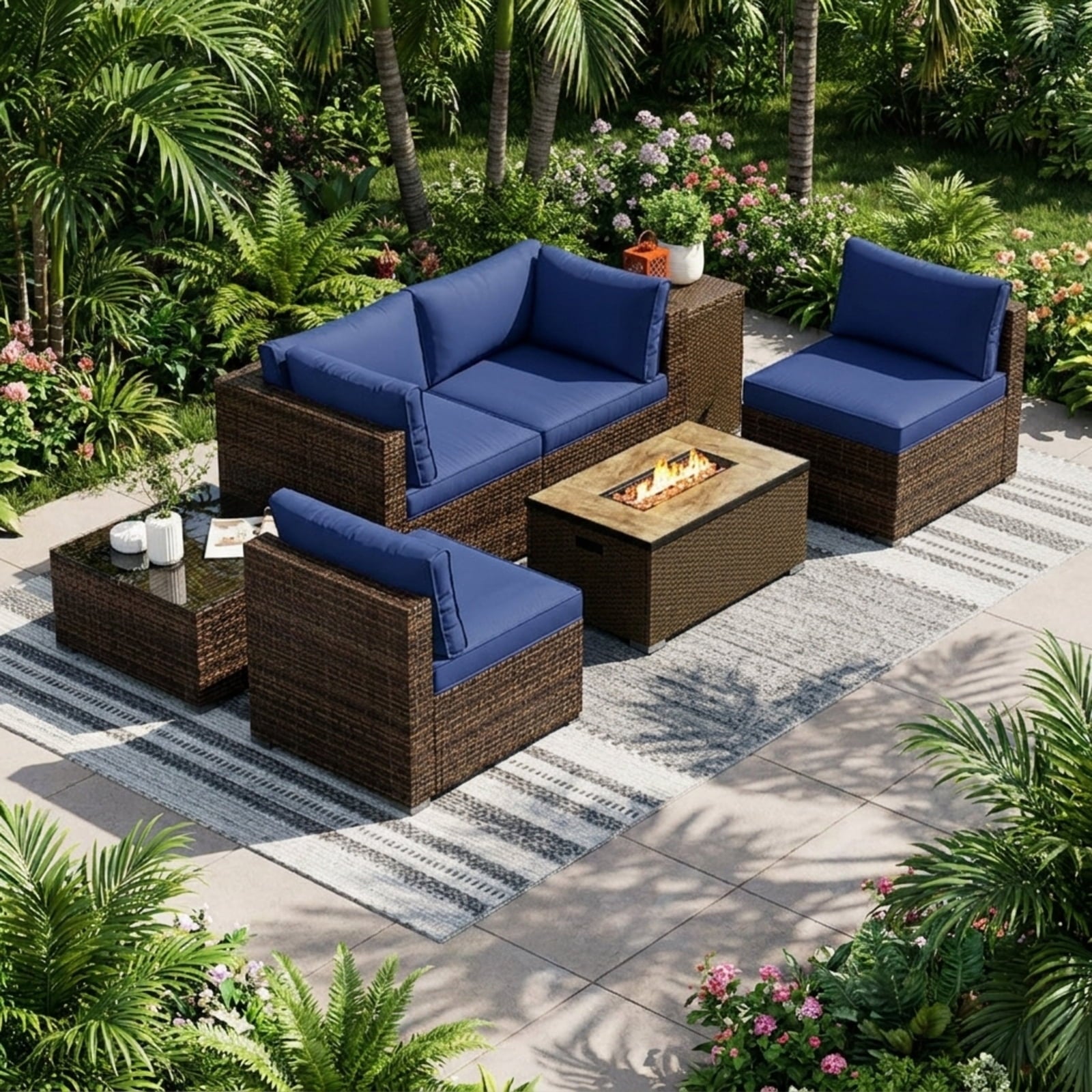 Biotree 7 Pieces Outdoor Furniture Set with 32 Inch Fire Pit Table and Propane Tank Cover Outdoor Conversation Set for Garden Backyard PorchNavy