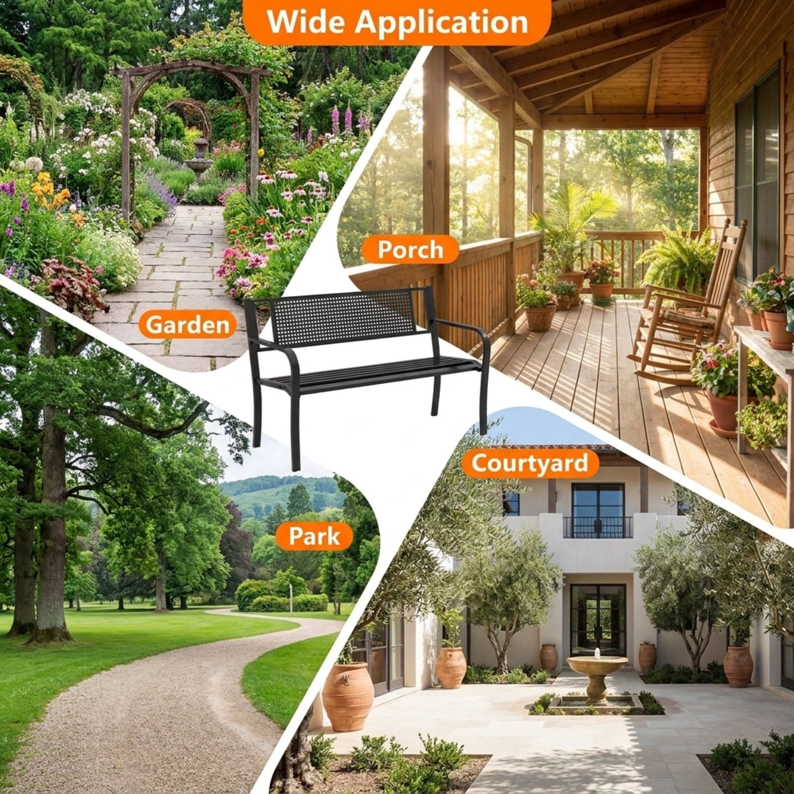 Biotree 50 Inches Garden Bench with Patterned Backrest and Curved Armrests Stackable Patio Chair for Garden BackyardBlack