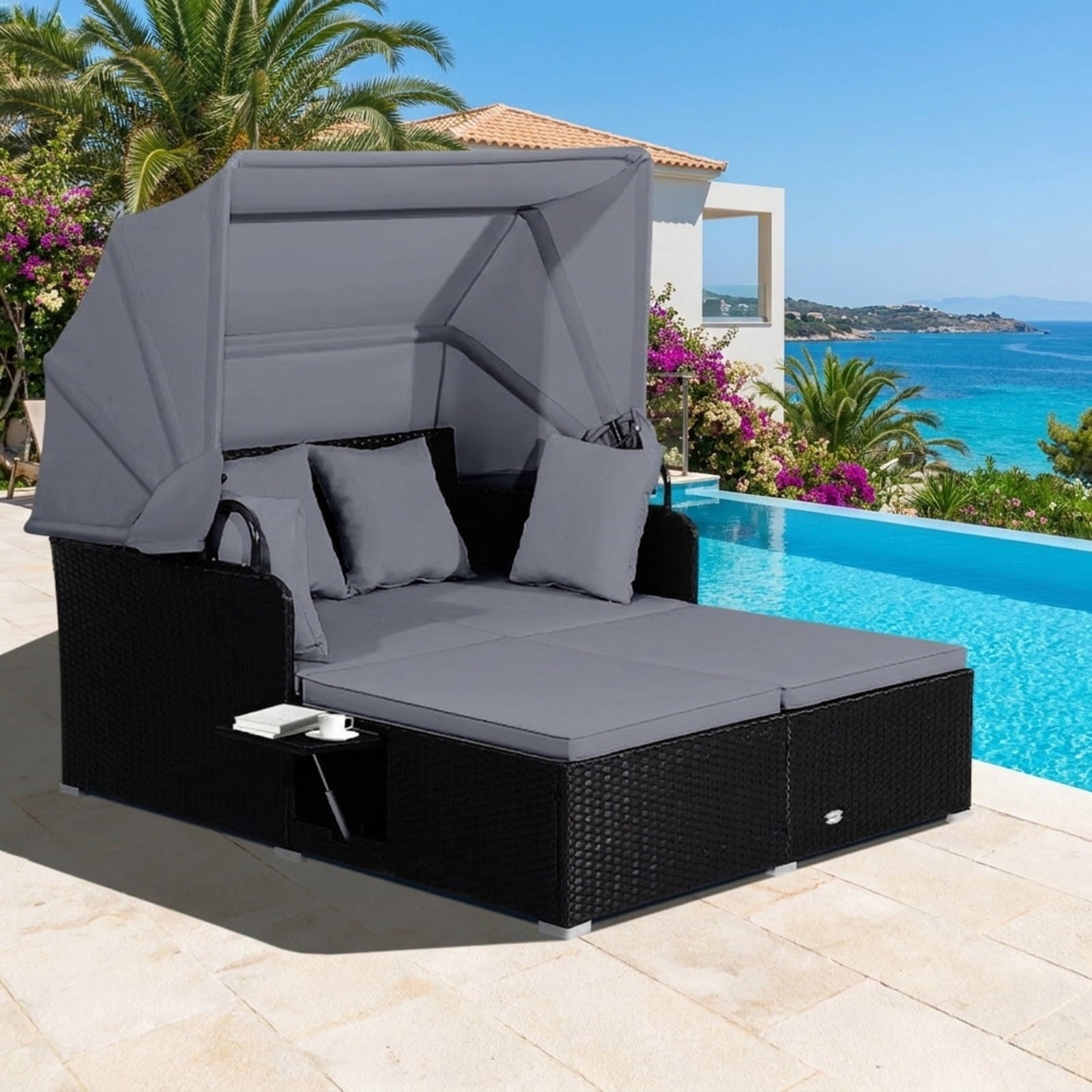Biotree Patio Rattan Daybed with Retractable Canopy and Side Tables Outdoor Conversation Set for Garden Backyard PorchGray