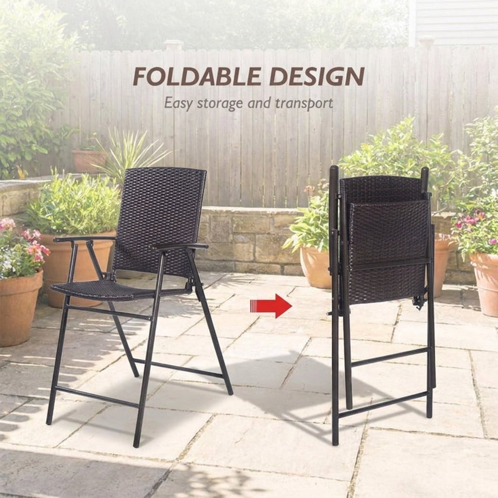 Biotree Set of 4 Folding Bar Chairs PE Wicker Outdoor Indoor Folding Bar Stools with Footrests and Armrests, Brown
