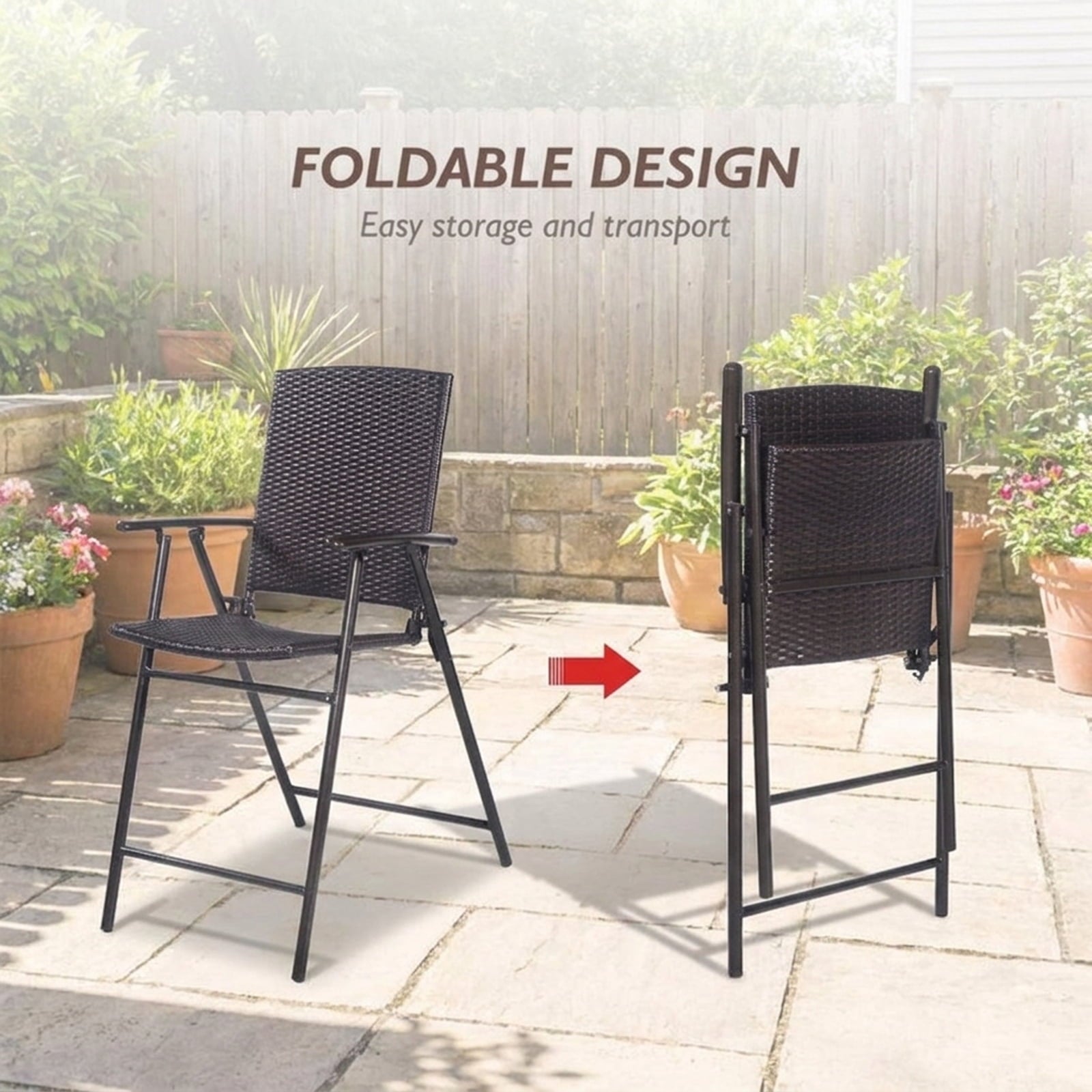 Biotree Set of 4 Folding Bar Chairs PE Wicker Outdoor Indoor Folding Bar Stools with Footrests and Armrests, Brown