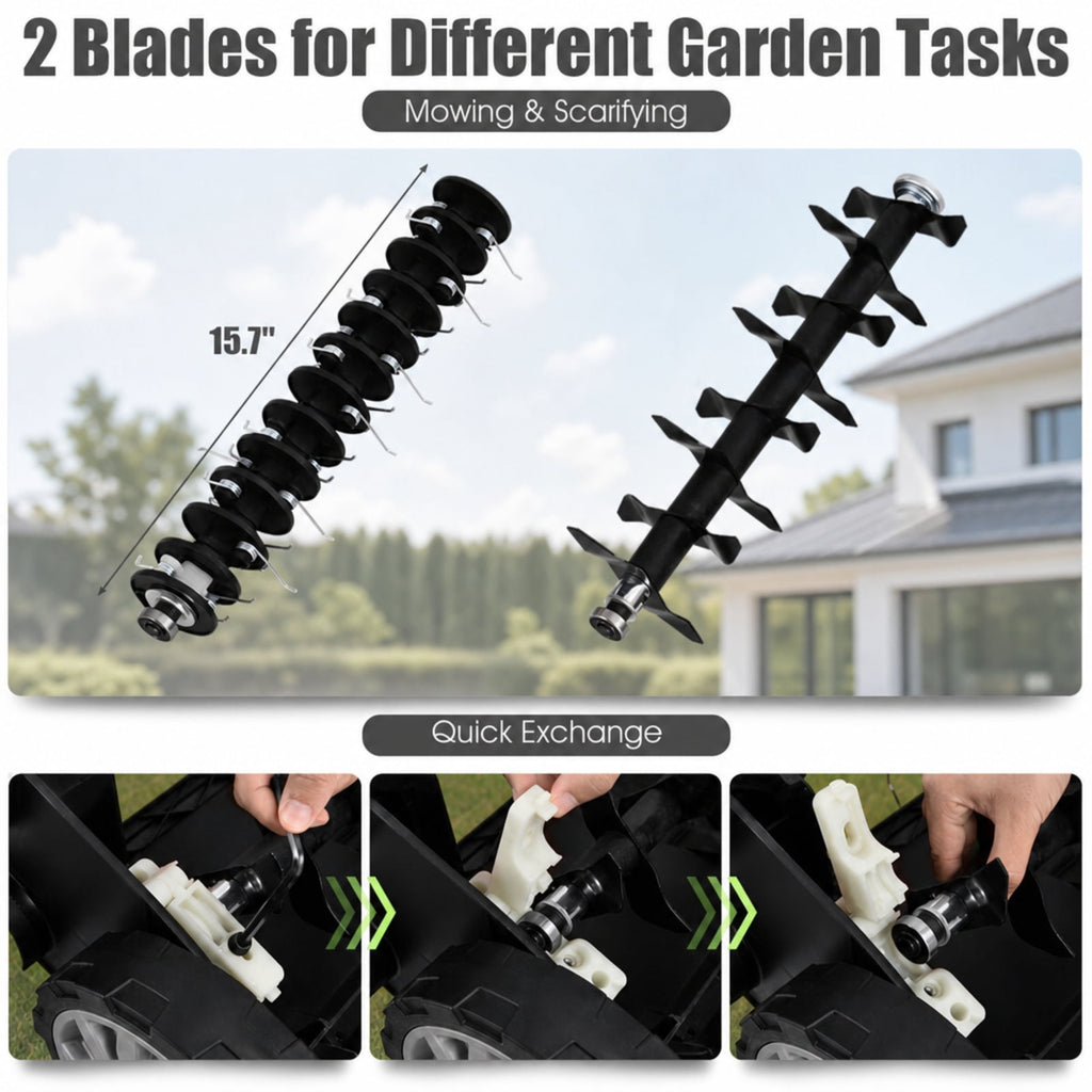 Biotree 15" 13 Amp Electric Lawn Dethatcher Scarifier, Corded Lawn Rake with 4-Position Height Adjustment, Removable Blades and 50L Collection Bag for Lawn Care Yard Renovation Green