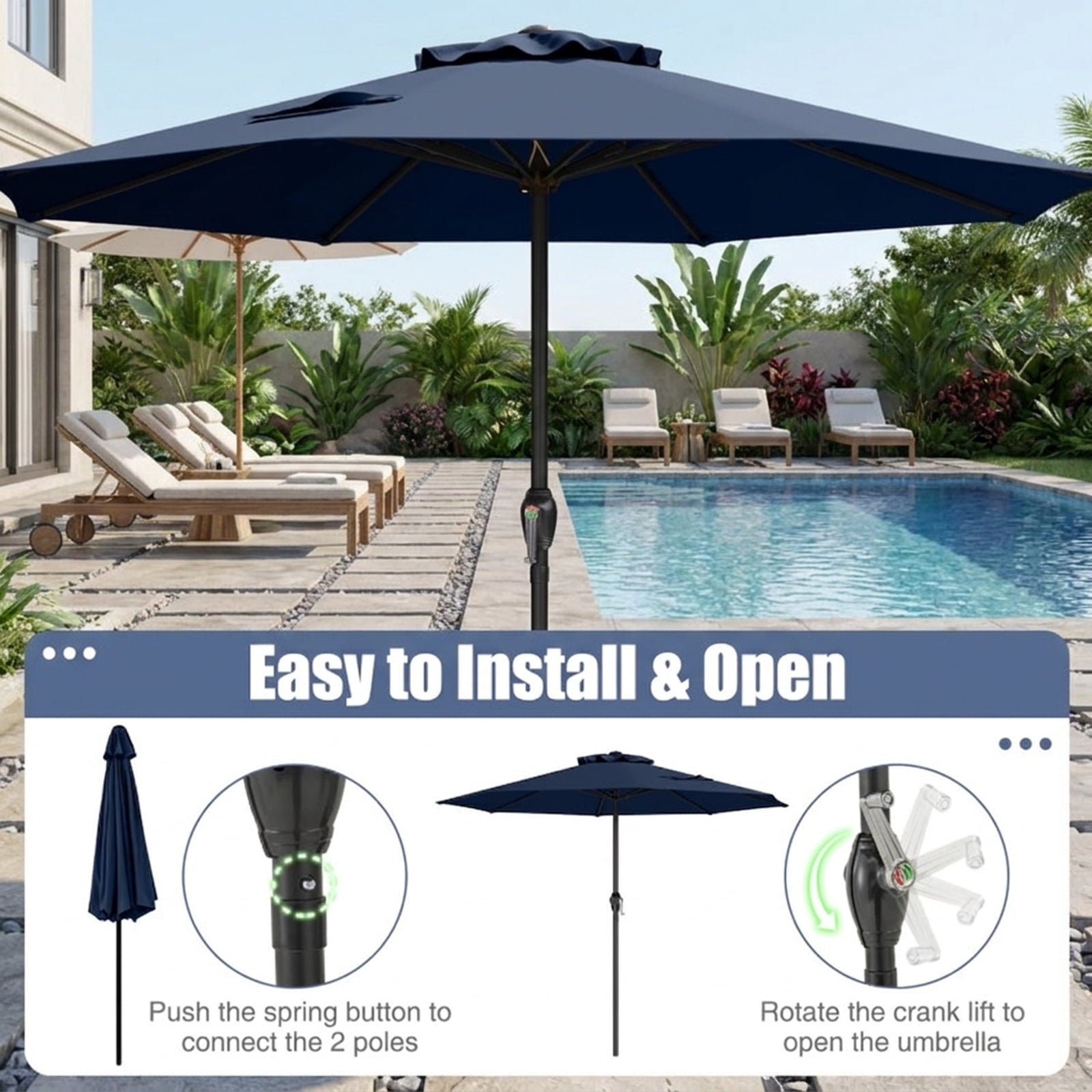 Biotree 8.5 ft Market Patio Umbrella with Crank and Tilt, 8 Sturdy Ribs, Vented Canopy - Navy Blue for Backyard