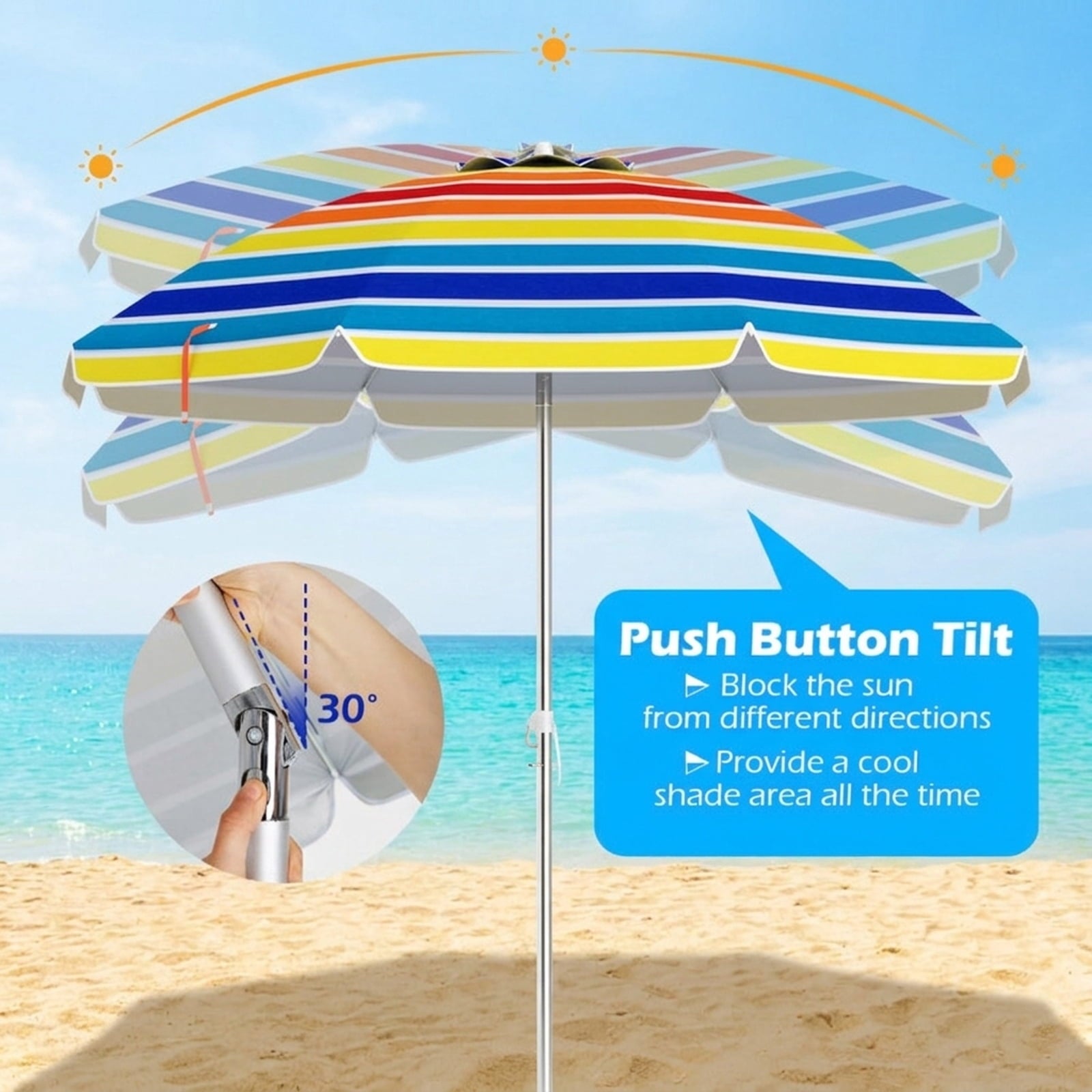 Biotree 6.5 ft Portable Beach Umbrella with Carrying Bag, 6 Ribs, Sand Tilt Mechanism - Multicolor for Backyard