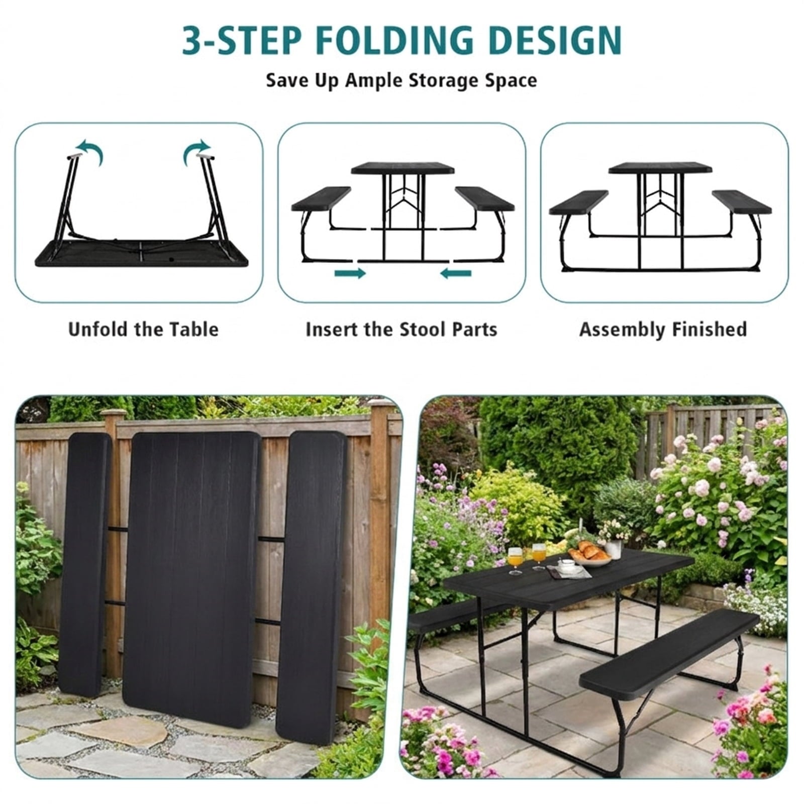 Biotree Indoor and Outdoor Folding Picnic Table Bench Set with Wood-like Texture, Black
