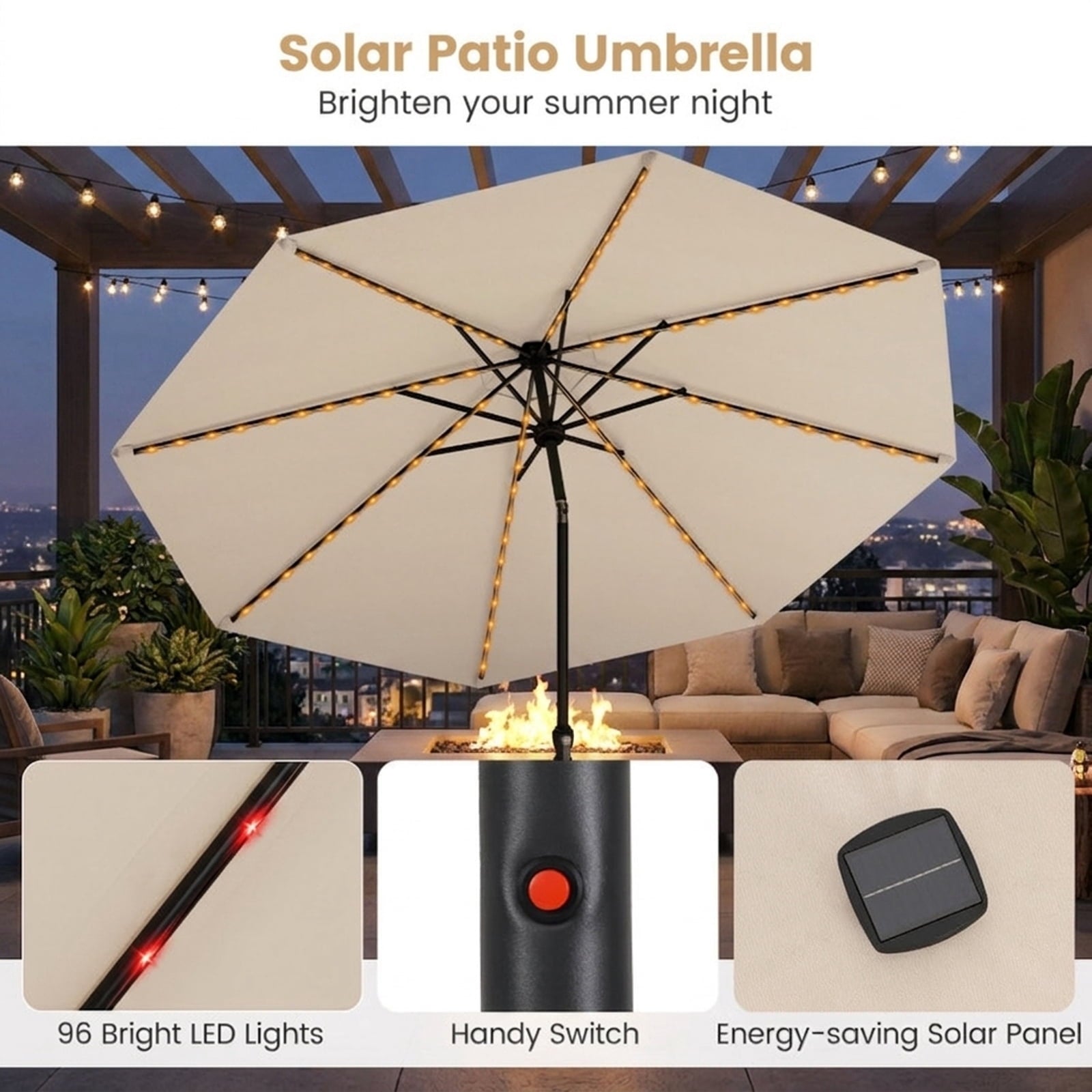 Biotree 10 ft Market Patio Umbrella with Crank and Tilt, 8 Sturdy Ribs, Vented Canopy - Beige for Backyard