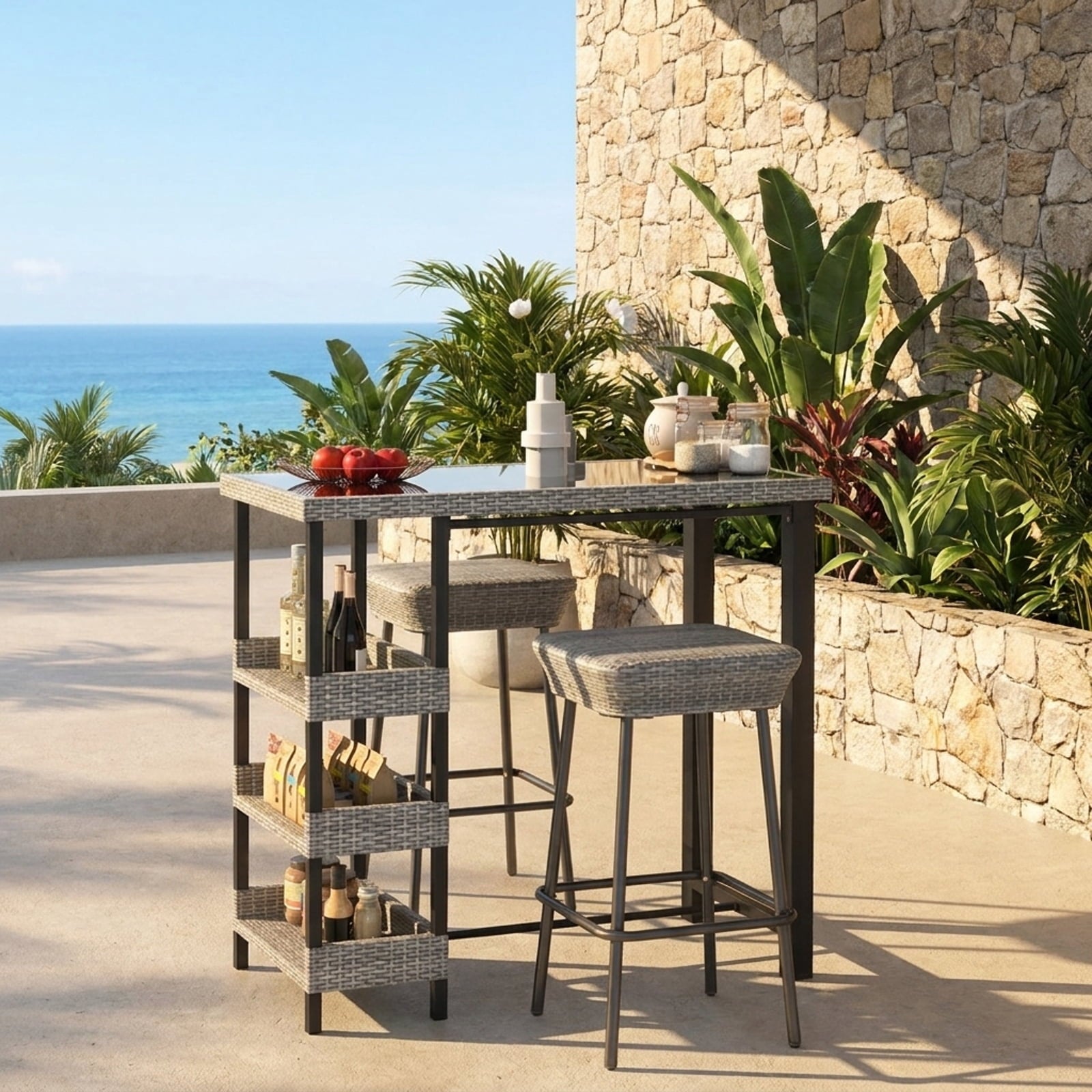 Biotree 43.5 Inch Outdoor Bar Table with Tempered Glass Top, Black