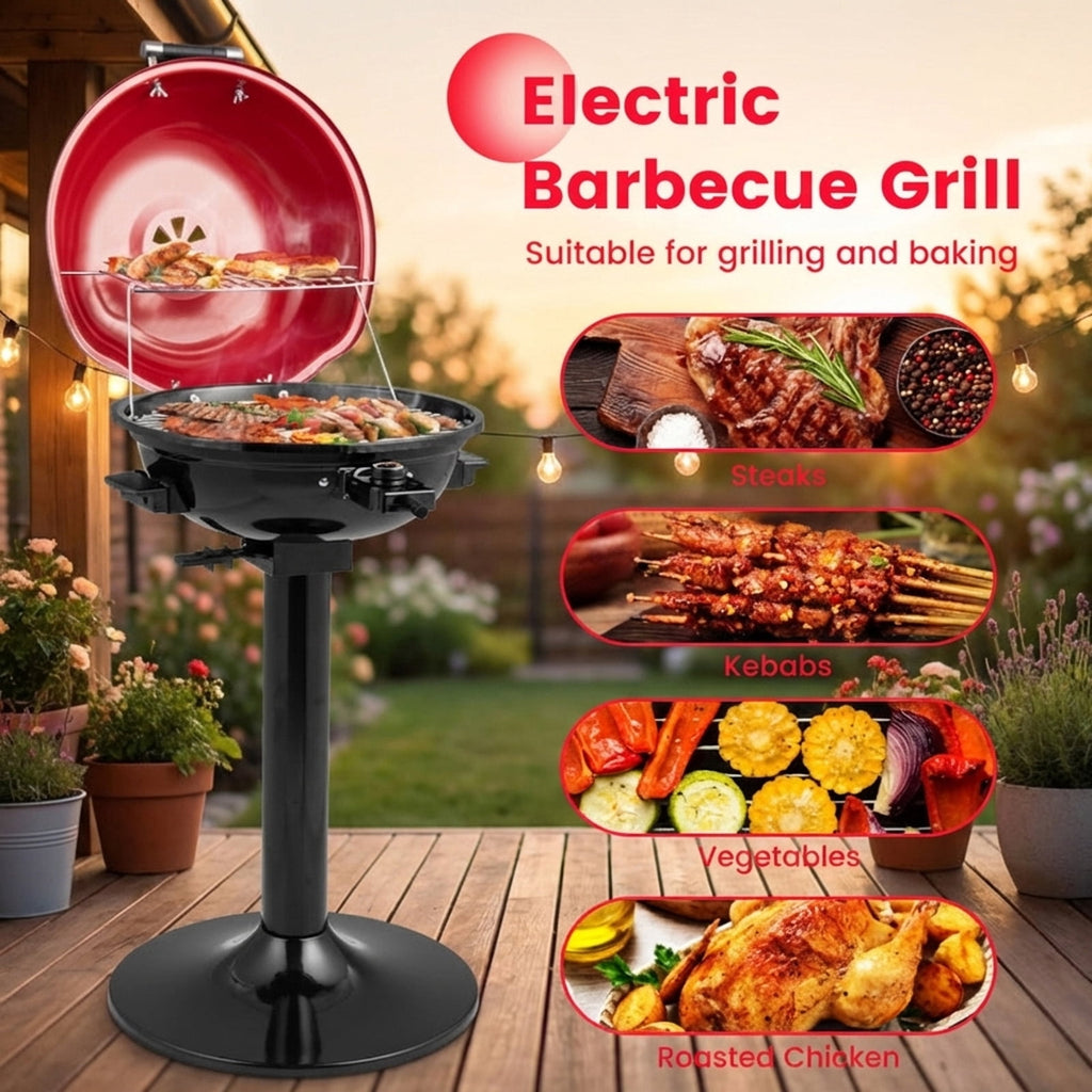 Biotree 1600W Electric BBQ Grill with Removable Non-Stick Warming Rack and Adjustable Temperature Control - Red