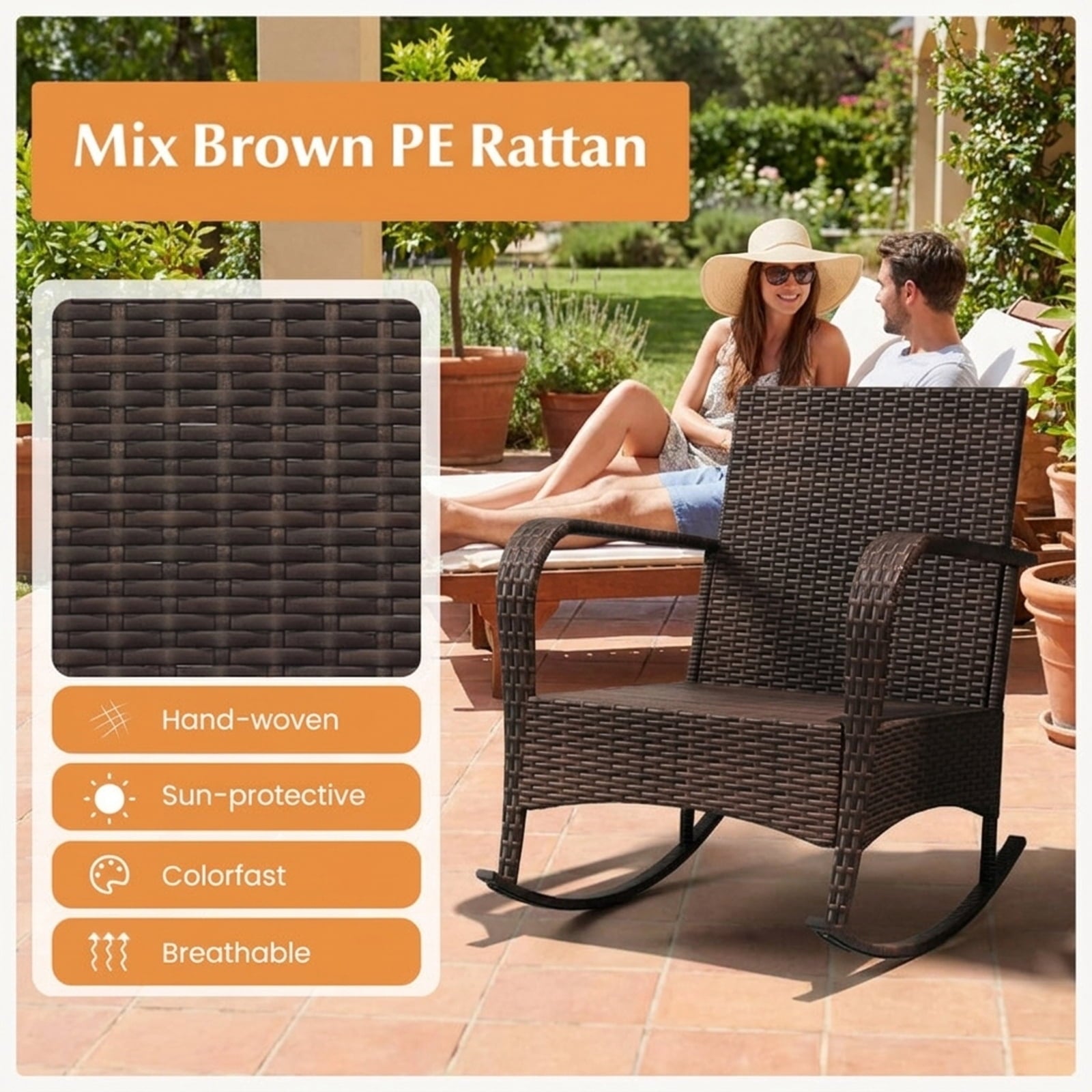 Biotree 3 Piece Outdoor Rocking Set with Tempered Glass Coffee Table for Backyard Poolside Outdoor Conversation Set for Garden Backyard PorchBrown