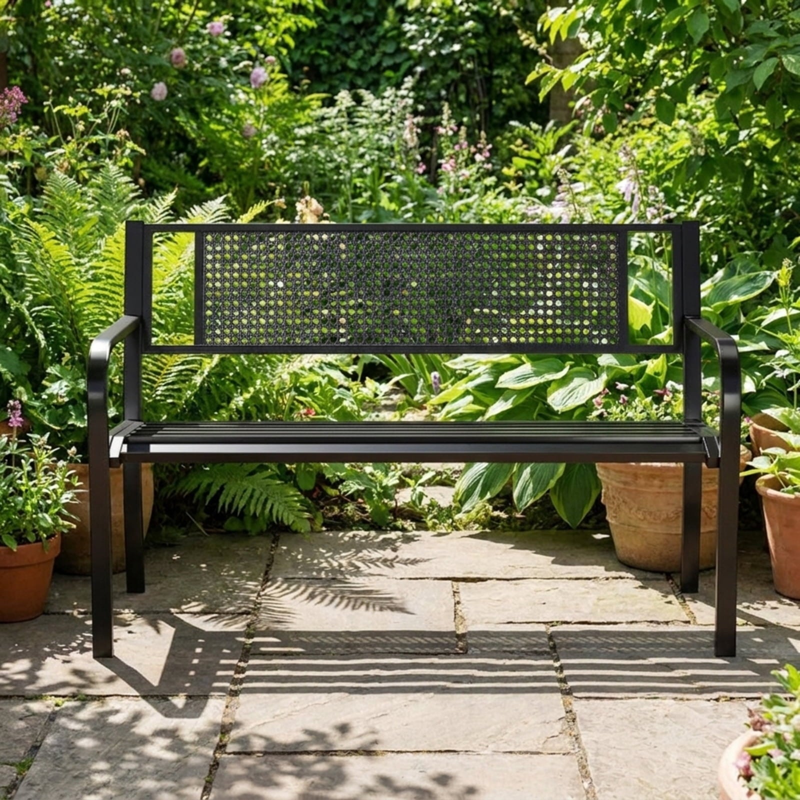Biotree 50 Inches Garden Bench with Patterned Backrest and Curved Armrests Stackable Patio Chair for Garden BackyardBlack