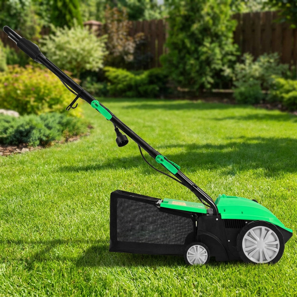 Biotree 13 Inch 12 Amp Electric Scarifier with Collection Bag and Removable Blades for Lawn Garden Yard Soil Care, Green