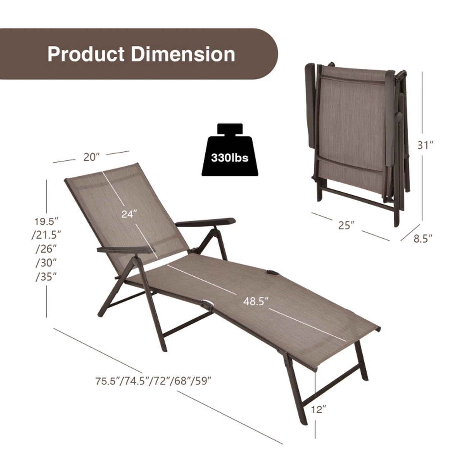 Biotree 2 Pieces Foldable Chaise Lounge Chair with 2-Position Footrest Stackable Patio Chair for Garden BackyardBrown