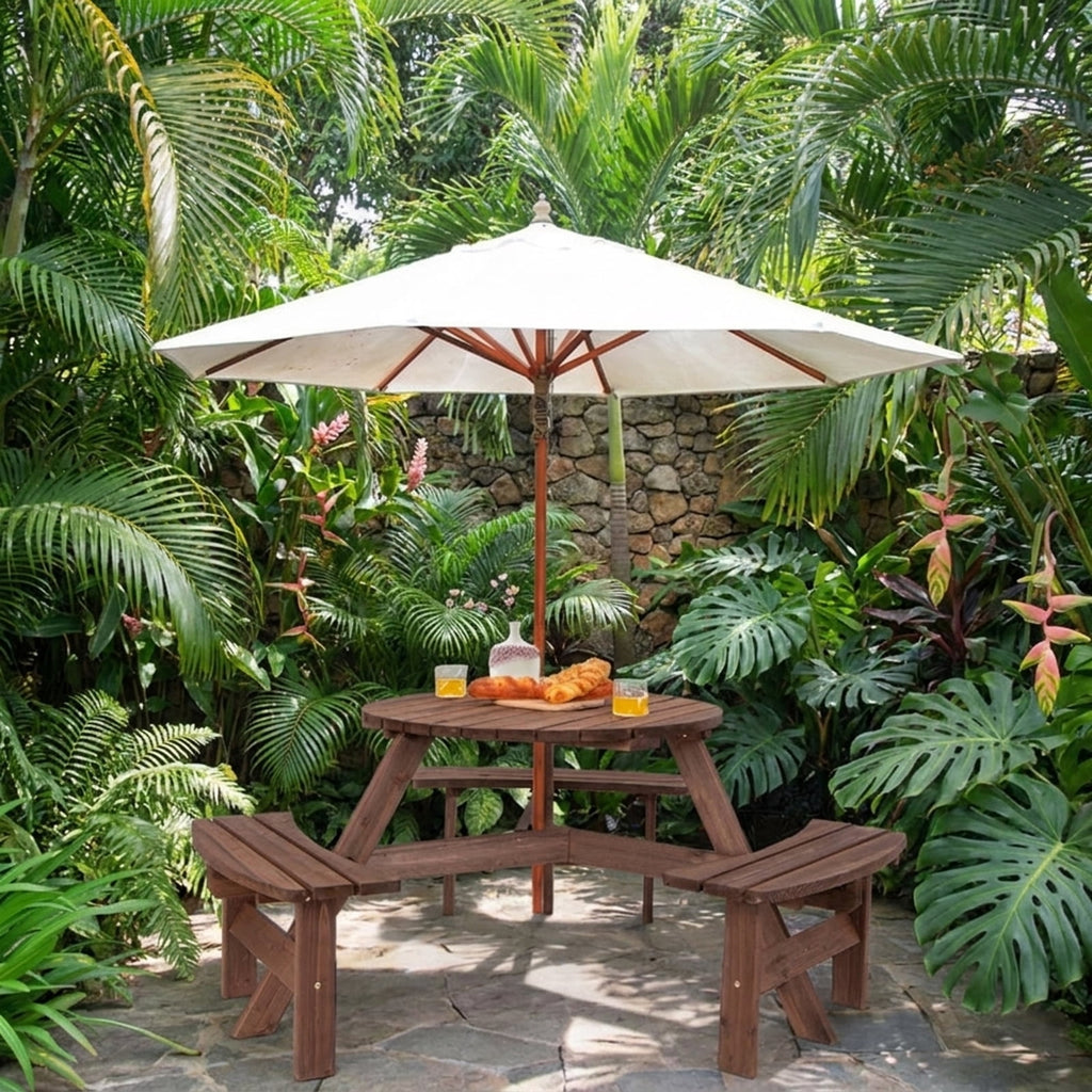 Biotree 66.9-Inch 6 Person Wooden Picnic Table Set with Bench and Umbrella Hold, Black
