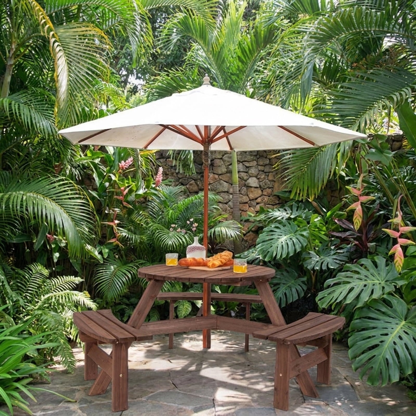 Biotree 66.9-Inch 6 Person Wooden Picnic Table Set with Bench and Umbrella Hold, Black