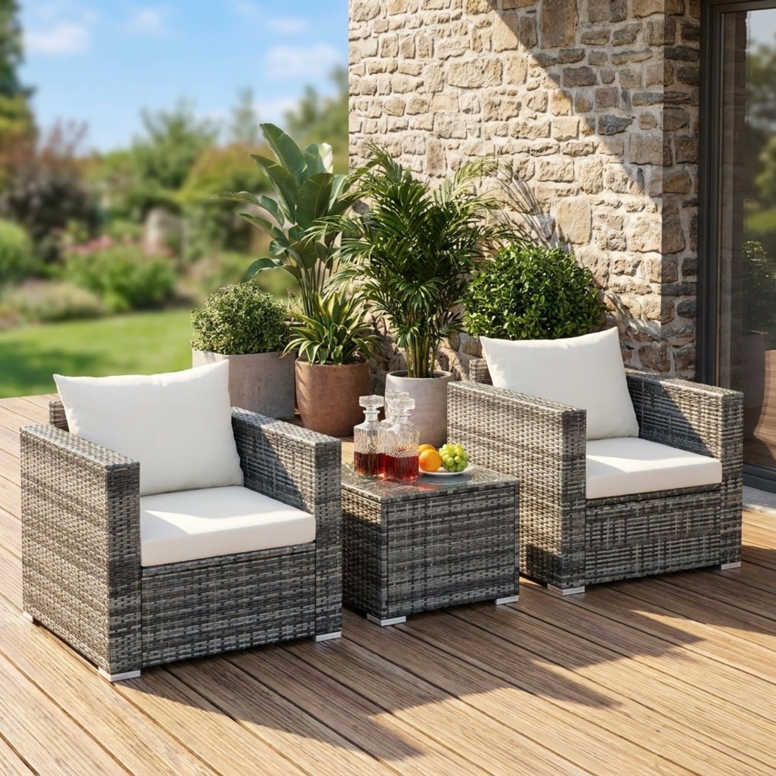 Biotree 3 Pcs Patio Rattan Furniture Bistro Sofa Set with Cushioned Outdoor Conversation Set for Garden Backyard PorchWhite