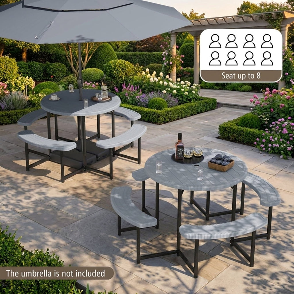 Biotree 62-Inch Round Picnic Table Bench Set with 4 Benches and Umbrella Hole for Patio Lawn, Gray