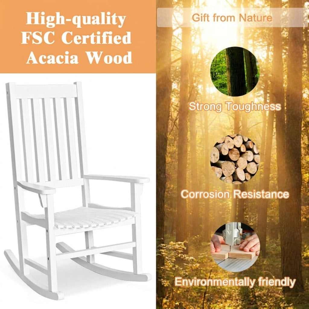 Biotree Indoor Outdoor Wooden High Back Rocking Chair Stackable Patio Chair for Garden BackyardWhite