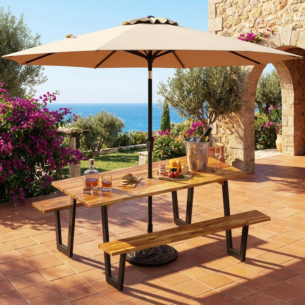 Biotree Outdoor Dining Table Set for 6 with 10 Feet Umbrella and Base, Black