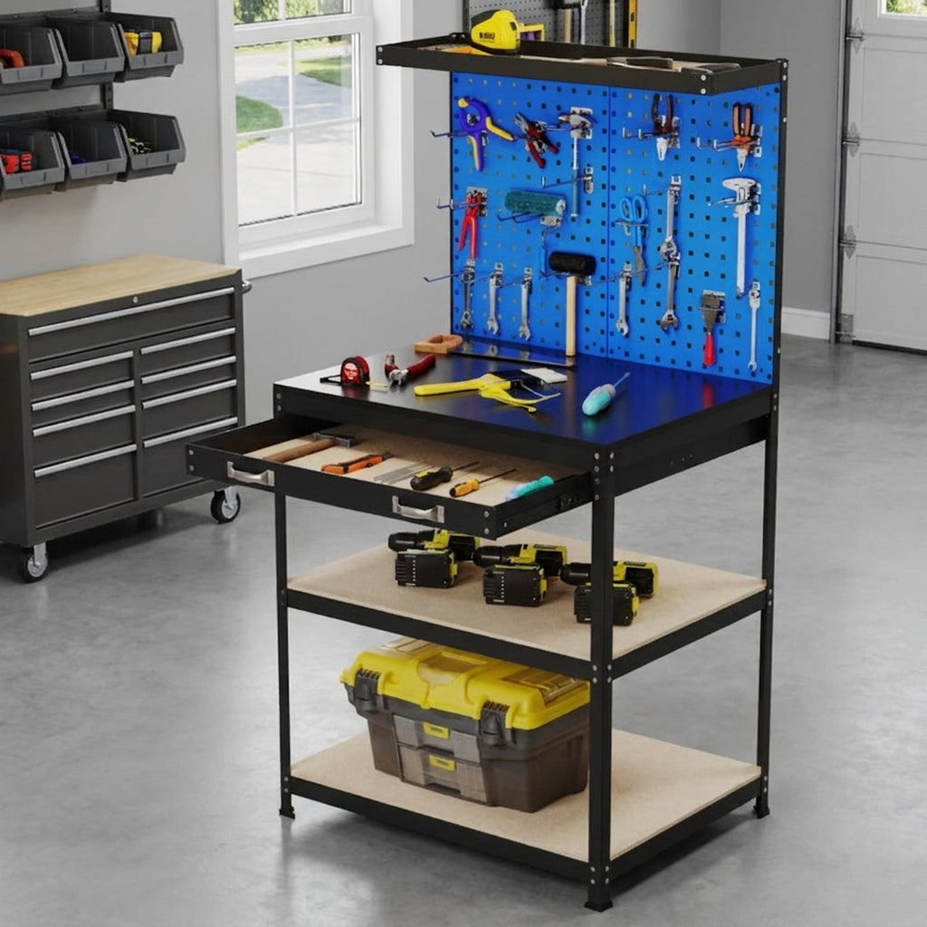 Biotree 32 x 16 Inch Workbench with Pegboard 2 Drawers and Shelves 220 lbs - Navy