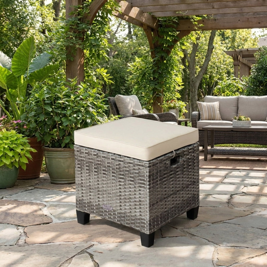 Biotree 2 Pieces Patio Rattan Ottoman Seat with Removable Cushions Stackable Patio Chair for Garden BackyardBeige
