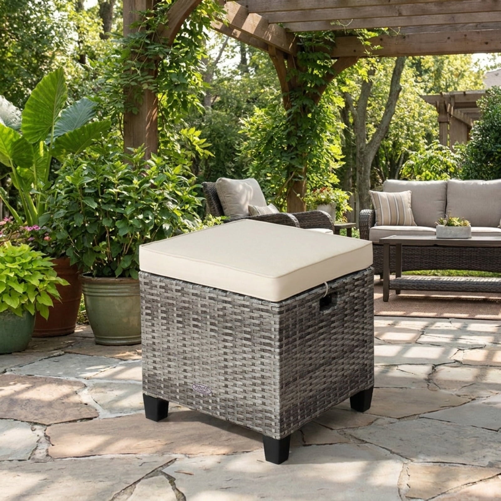 Biotree 2 Pieces Patio Rattan Ottoman Seat with Removable Cushions Stackable Patio Chair for Garden BackyardBeige