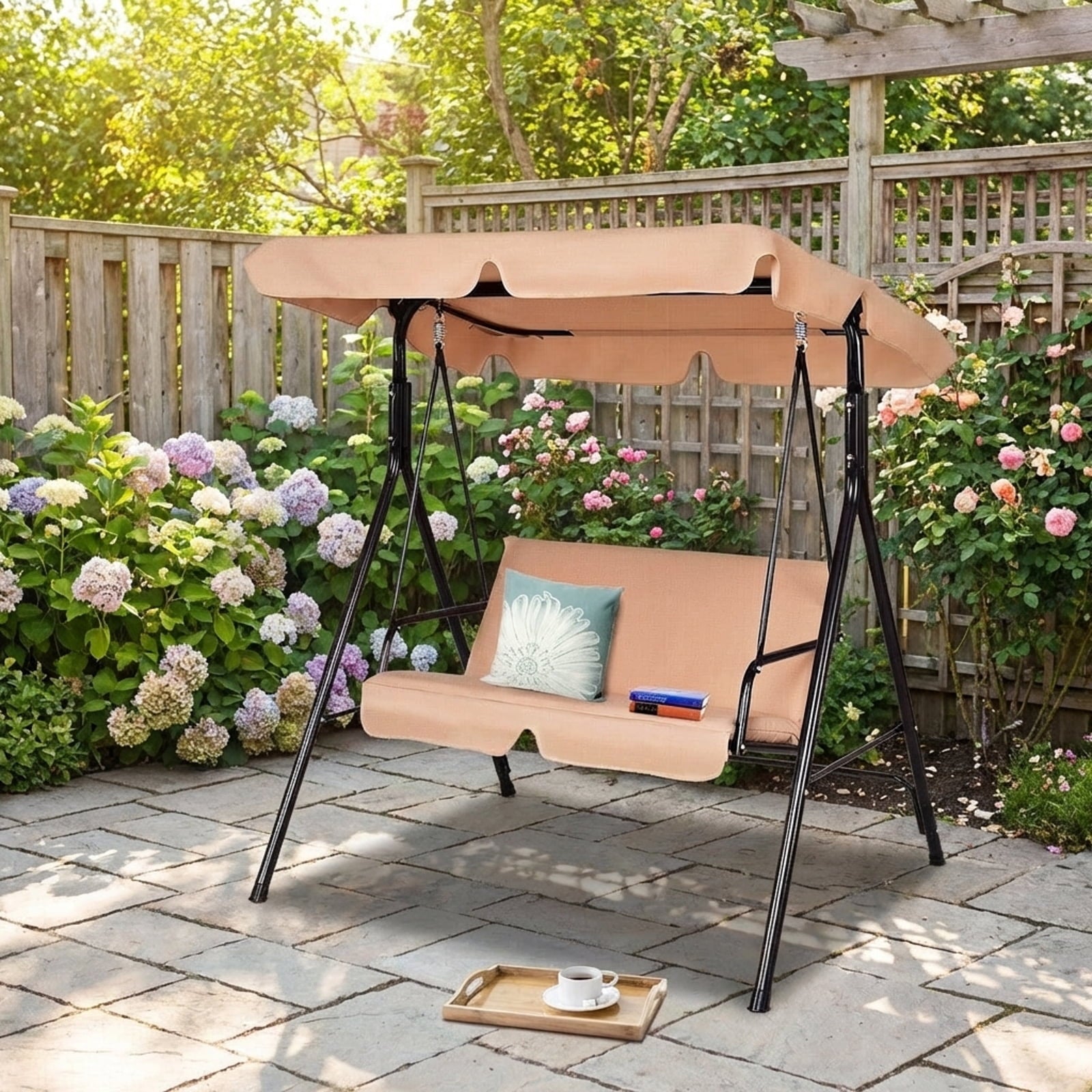 Biotree Loveseat Cushioned Patio Steel Frame Swing Glider -Beige Outdoor Garden Relaxation Deck Porch