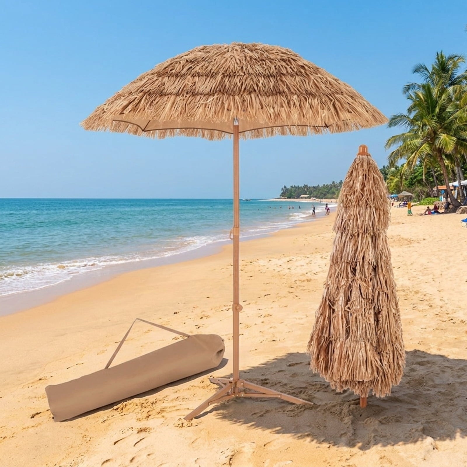 Biotree 6 ft Thatched Tiki Patio Umbrella Crank Tilt Outdoor Shade - Natural - UV Protection with Cross Base