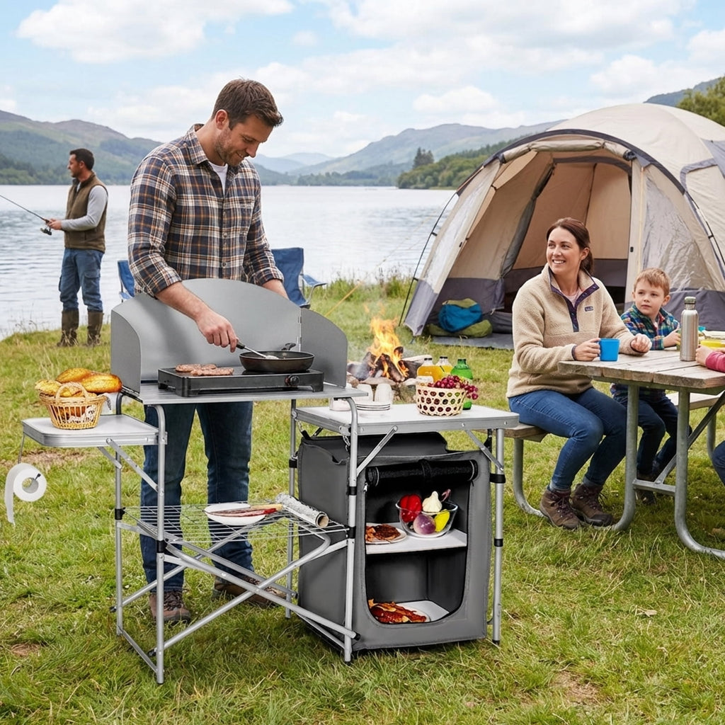 Biotree Foldable Outdoor BBQ Portable Grilling Table with Windscreen and Carry Bag Camping Grill Table for Cooking, Gray