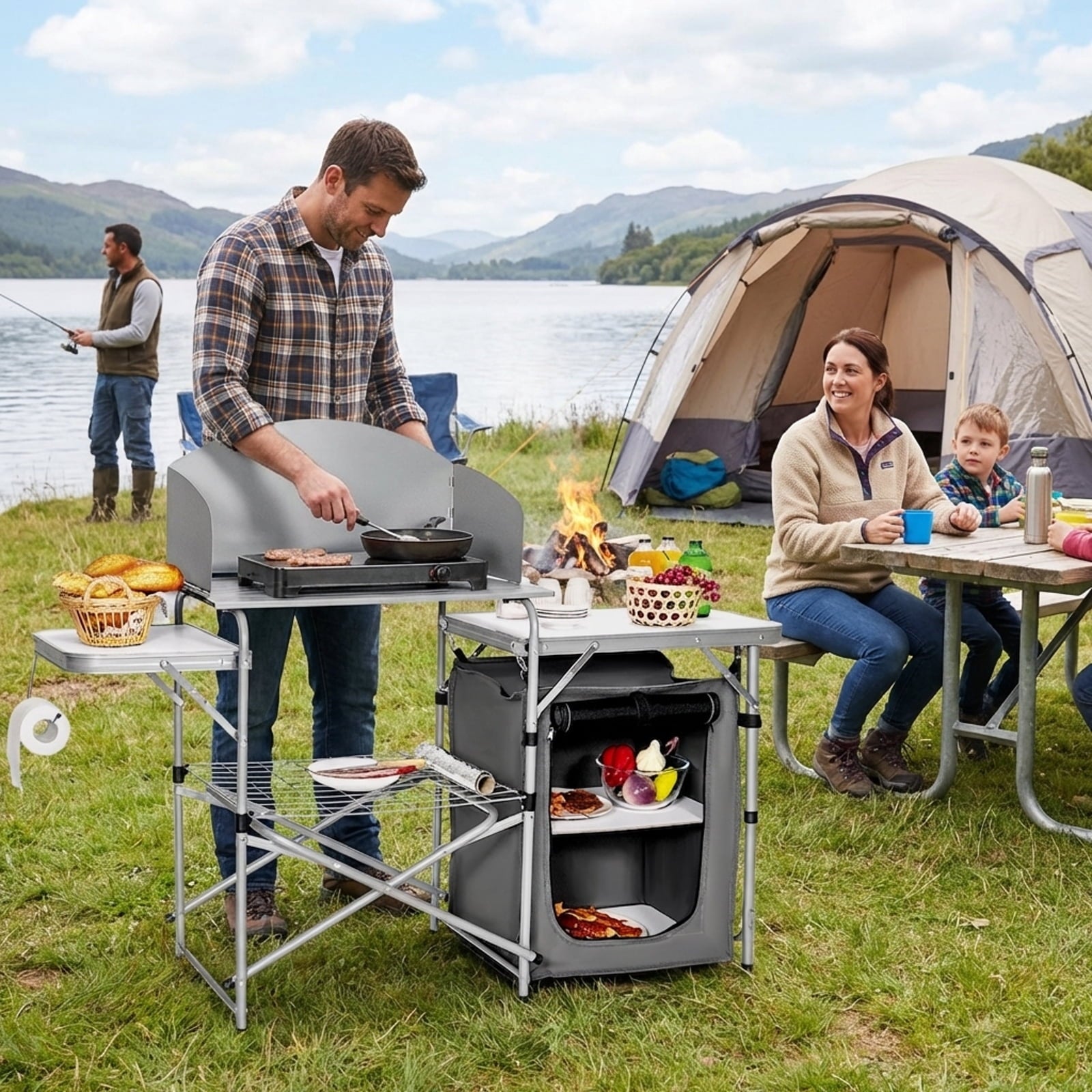 Biotree Foldable Outdoor BBQ Portable Grilling Table with Windscreen and Carry Bag Camping Grill Table for Cooking, Gray