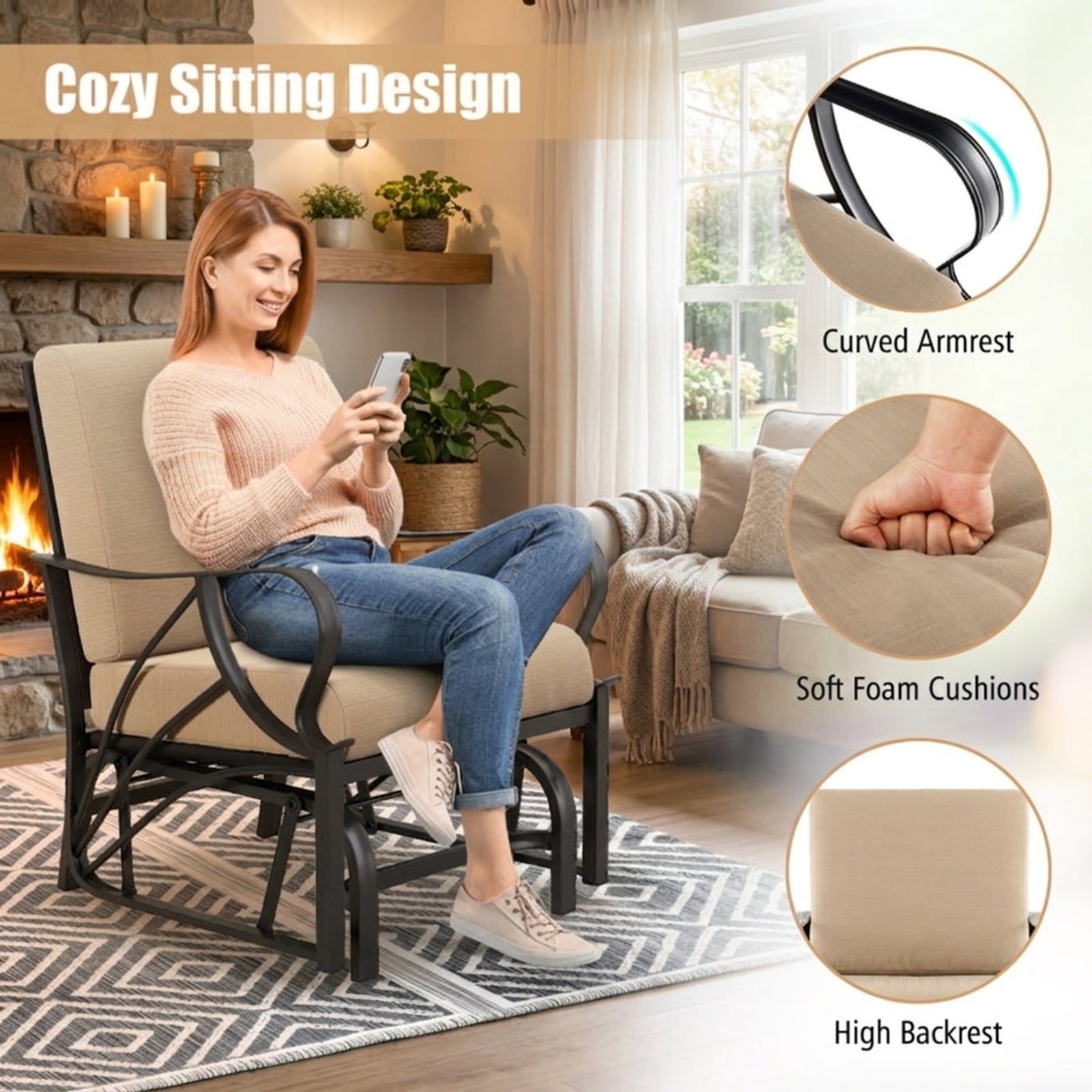 Biotree Patio Glider Rocking Chair with Thick Cushion and Curved Armrest Stackable Patio Chair for Garden BackyardTan