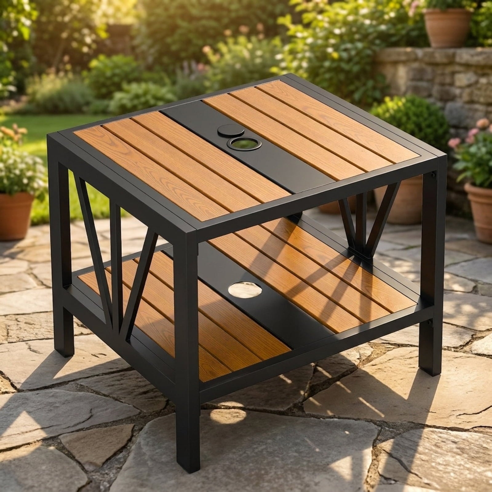 Biotree Outdoor Side Table with Umbrella Hole and Storage Shelf for Porch, Black