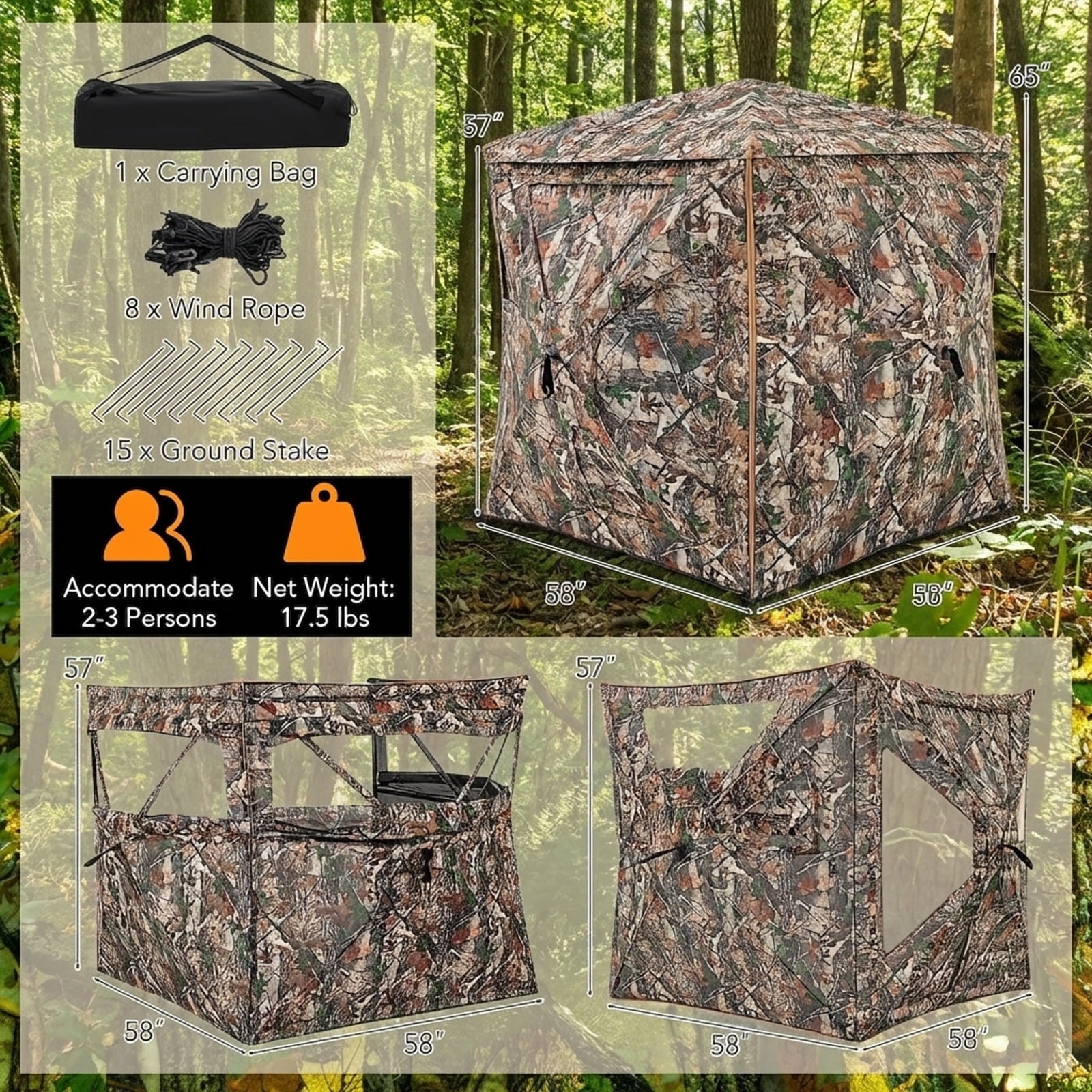 Biotree 5-in-1 Detachable Hunting Ground Blind for 2-3 People with Skylight Window for Deer Turkey Hunting