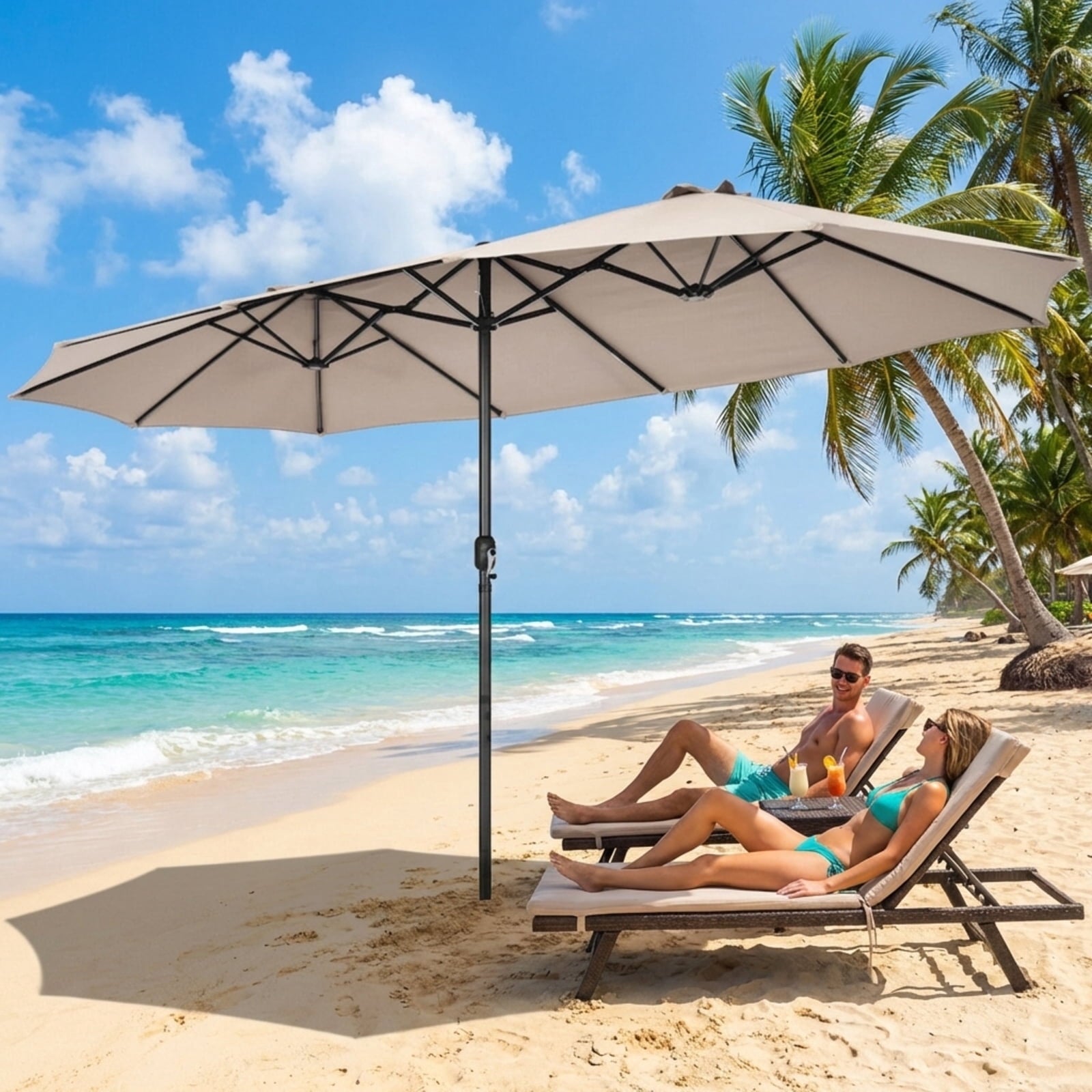 Biotree 15 Feet Patio Double-Sided Umbrella with Hand-Crank System-Beige Multi-color - Outdoor Patio Garden Sun Shade
