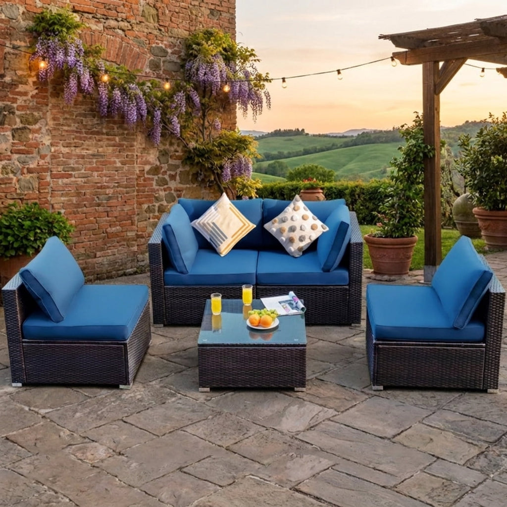 Biotree 5 Pieces Cushioned Patio Rattan Furniture Set with Glass Table Outdoor Conversation Set for Garden Backyard PorchNavy